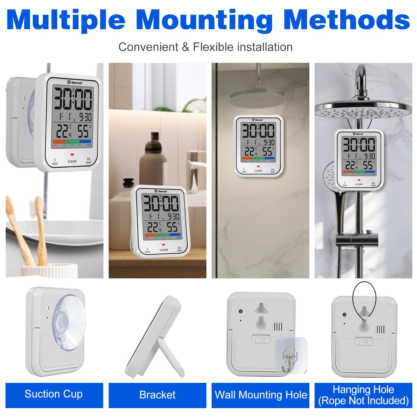 Geevon Digital Bathroom Clock - Waterproof Shower Timer with Large Touch Screen, Battery Operated Wall Clock with Temperature & Humidity Display - Suction Cup/Hanging Hole/Stand (White) - Perfect for Bathroom, Shower, Kitchen, Gym & Home Decor