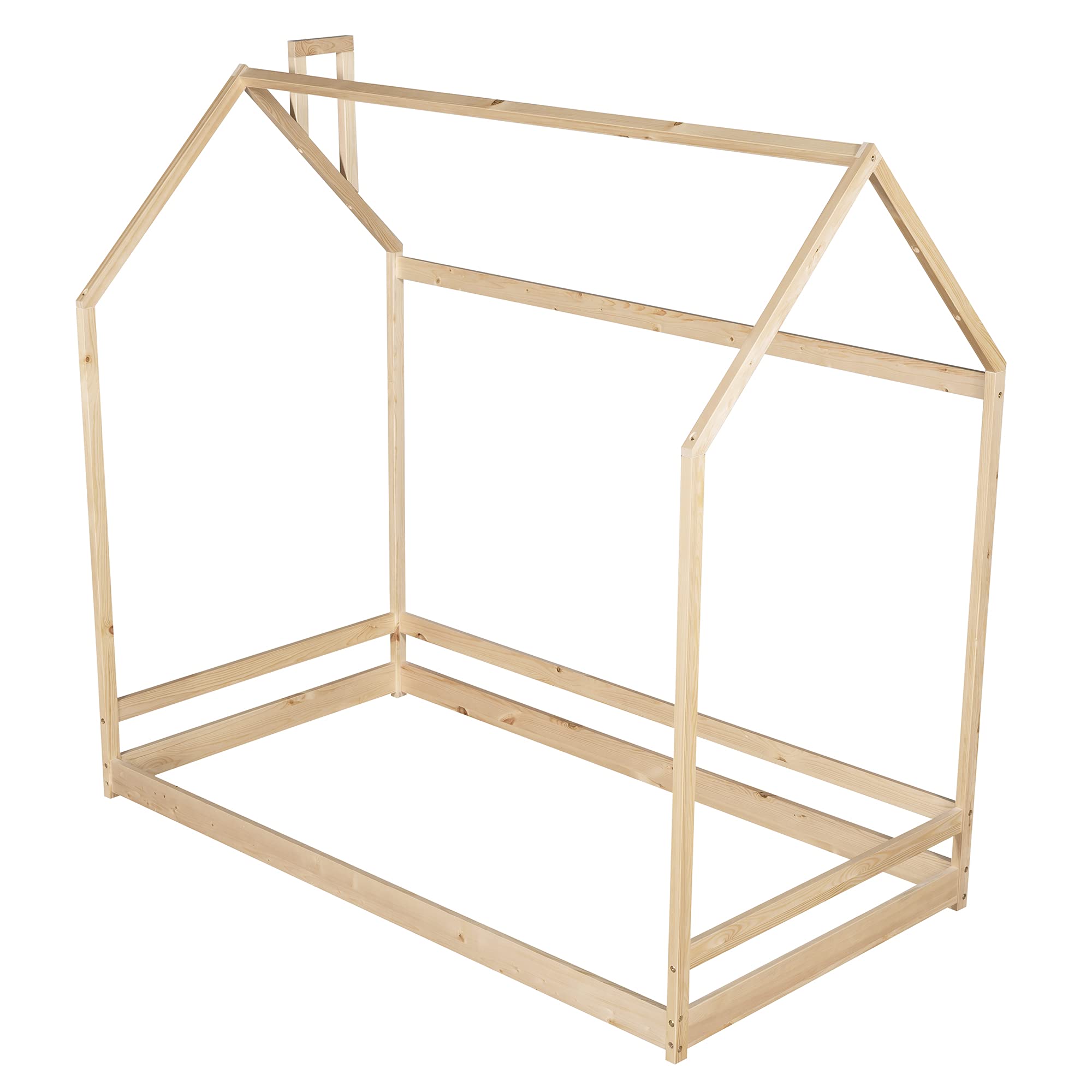 **AOCOROE Twin Size Wooden House Bed Frame for Kids - Playhouse Design with Canopy & Tent, Low Floor Height, Natural Finish - Perfect for Bedroom, Playroom, and Nursery Decor**