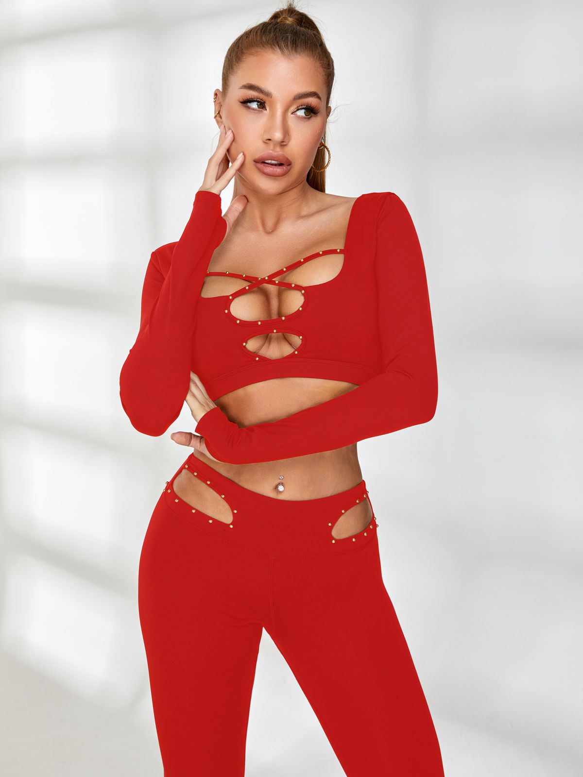 ZASUWA Women's Fashion Long Sleeve Backless Top with Rivet Cross Cutout Design - Perfect for Night Out, Party, and Date Night Outfits
