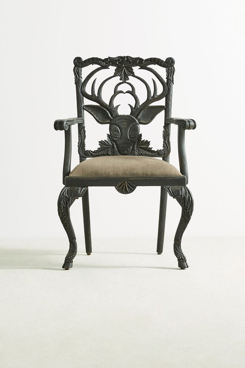 Hand Carved Black Menagerie Deer Armchair - Handmade Solid Wood Dining Chair with High Back Support | Rustic Home Decor, Farmhouse Dining Room, Lodge Living Room Furniture