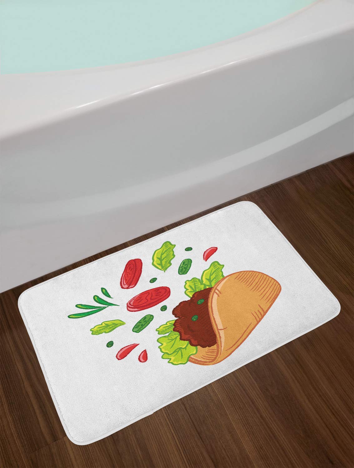 Ambesonne Non-Slip Taco Bath Mat - Soft Plush Vegan Mexican Fast Food Decor with Wheat Tortilla, Lettuce & Tomato Design, 30.2 x 20 Inches, Lime Green & Sand Brown - Perfect for Kitchen, Bathroom or Dorm Room Decor