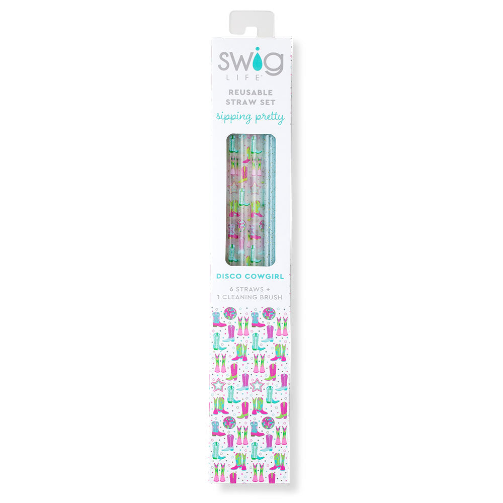 Disco Cowgirl & Aqua Glitter Reusable Straw Set - 12 Pack Eco-Friendly Metal Drinking Straws with Cleaning Brush for Parties, Home, Bars & Travel