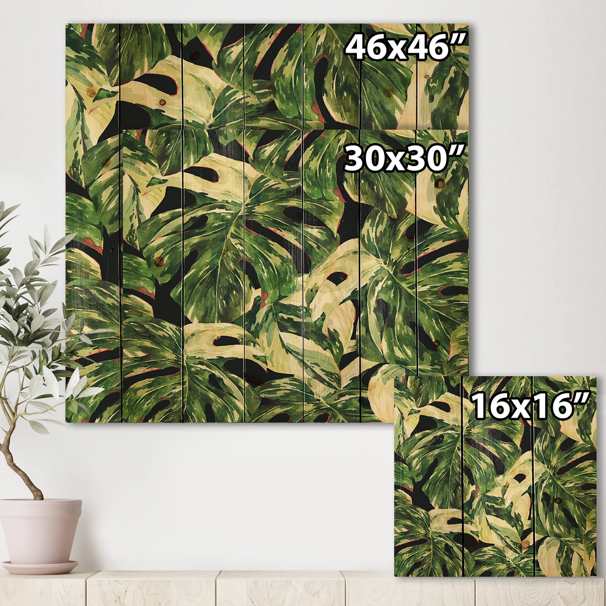 Exotic Tropical Leaf Wall Decor - Natural Pine Wood Art with Large Floral Prints, Green Wooden Wall Panels for Living Room, Bedroom & Office Decoration