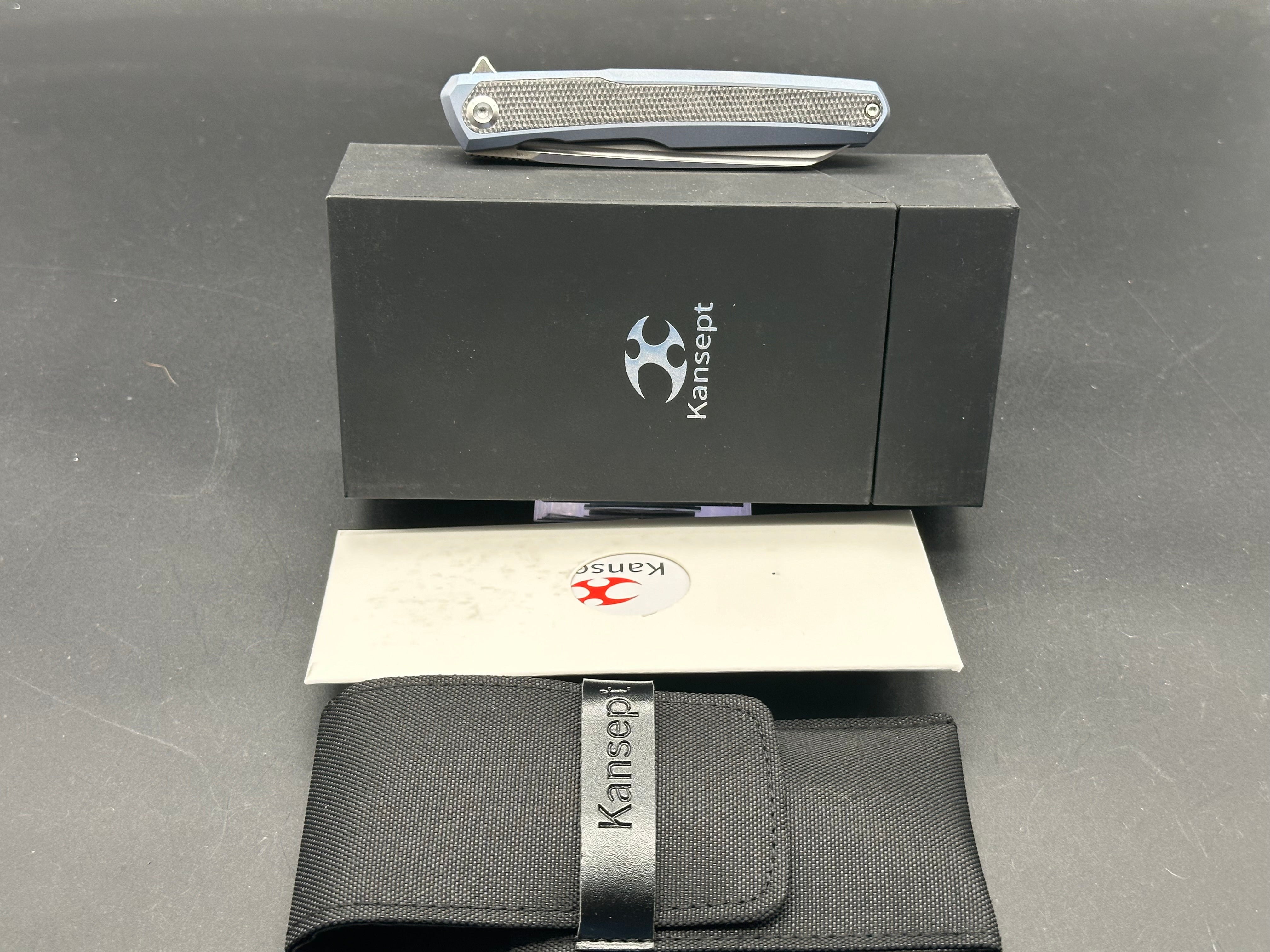 Kansept Arcus Frame Lock Folding Knife - Blue Titanium & Black Micarta Handle, 3.4