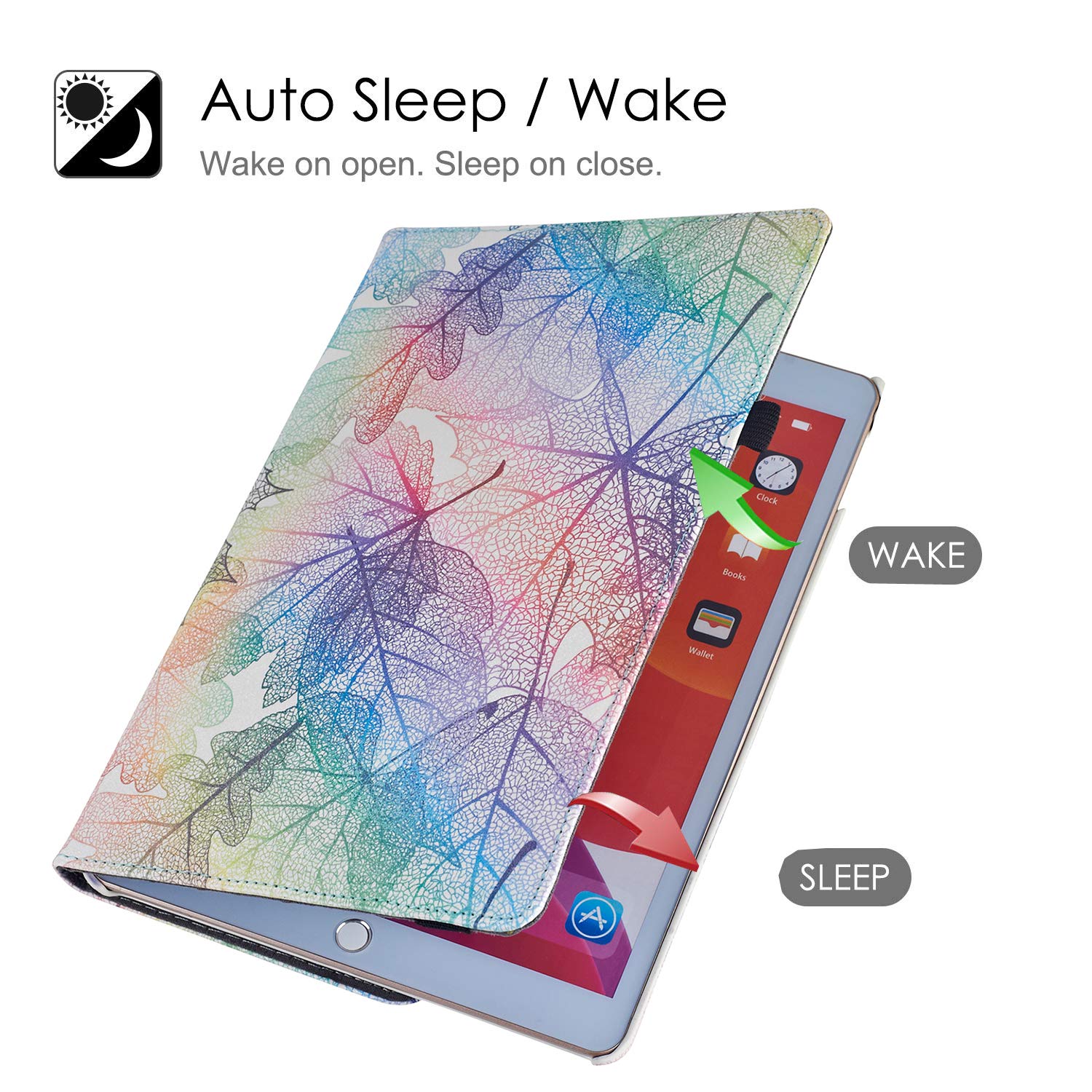 Premium 360° Rotating Multi-Angle Stand Case for iPad 9.7 5th/6th Gen (2017/2018), iPad Air 2 & Air 1 - Auto Sleep/Wake, Durable Folio Cover with Colorful Leaves Design - Perfect for Work, Study & Entertainment