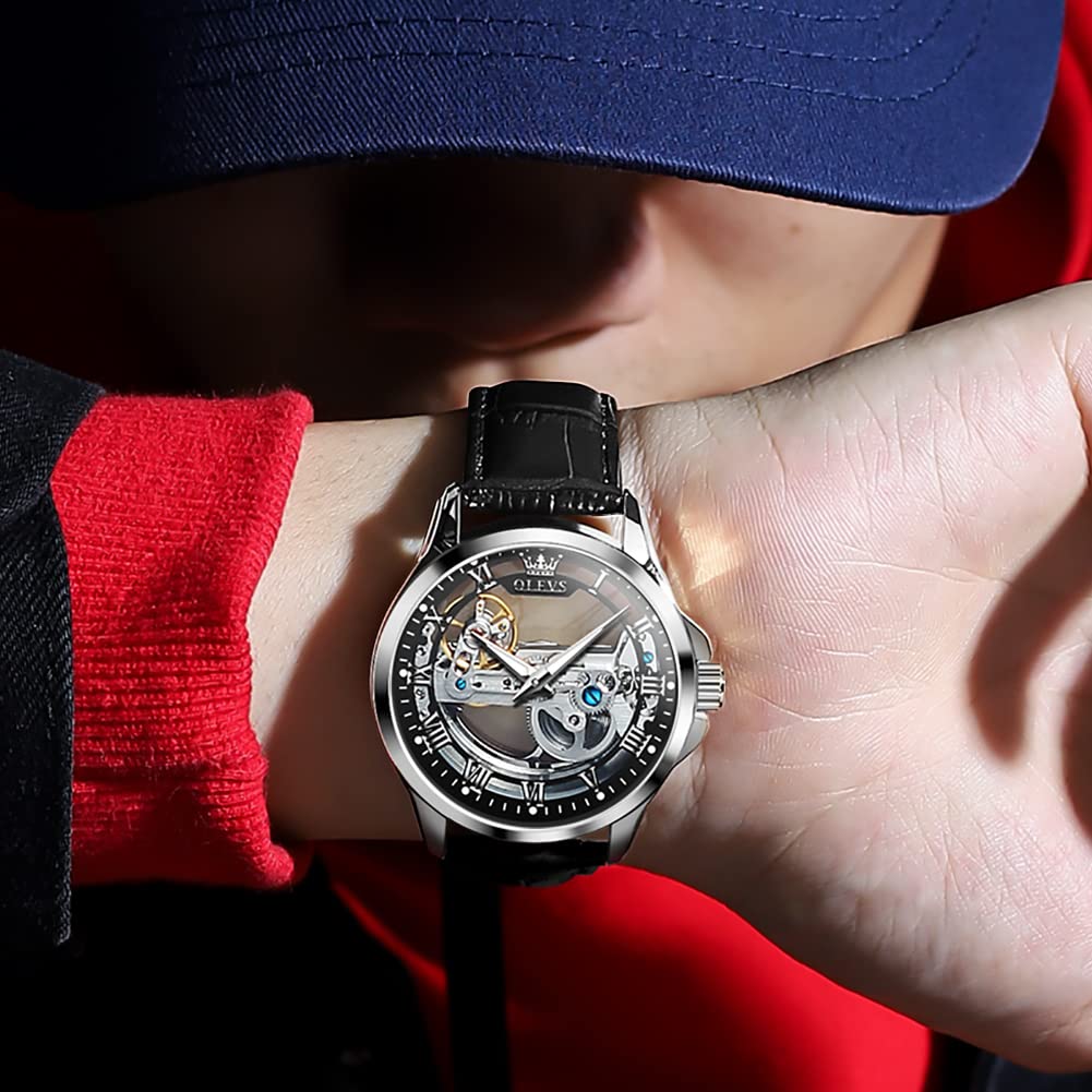 OLEVS Men's Automatic Skeleton Watch - Self-Winding Mechanical Dress Watch with Leather Strap, Waterproof & Luminous - Luxury Wristwatch for Business, Formal & Casual Wear