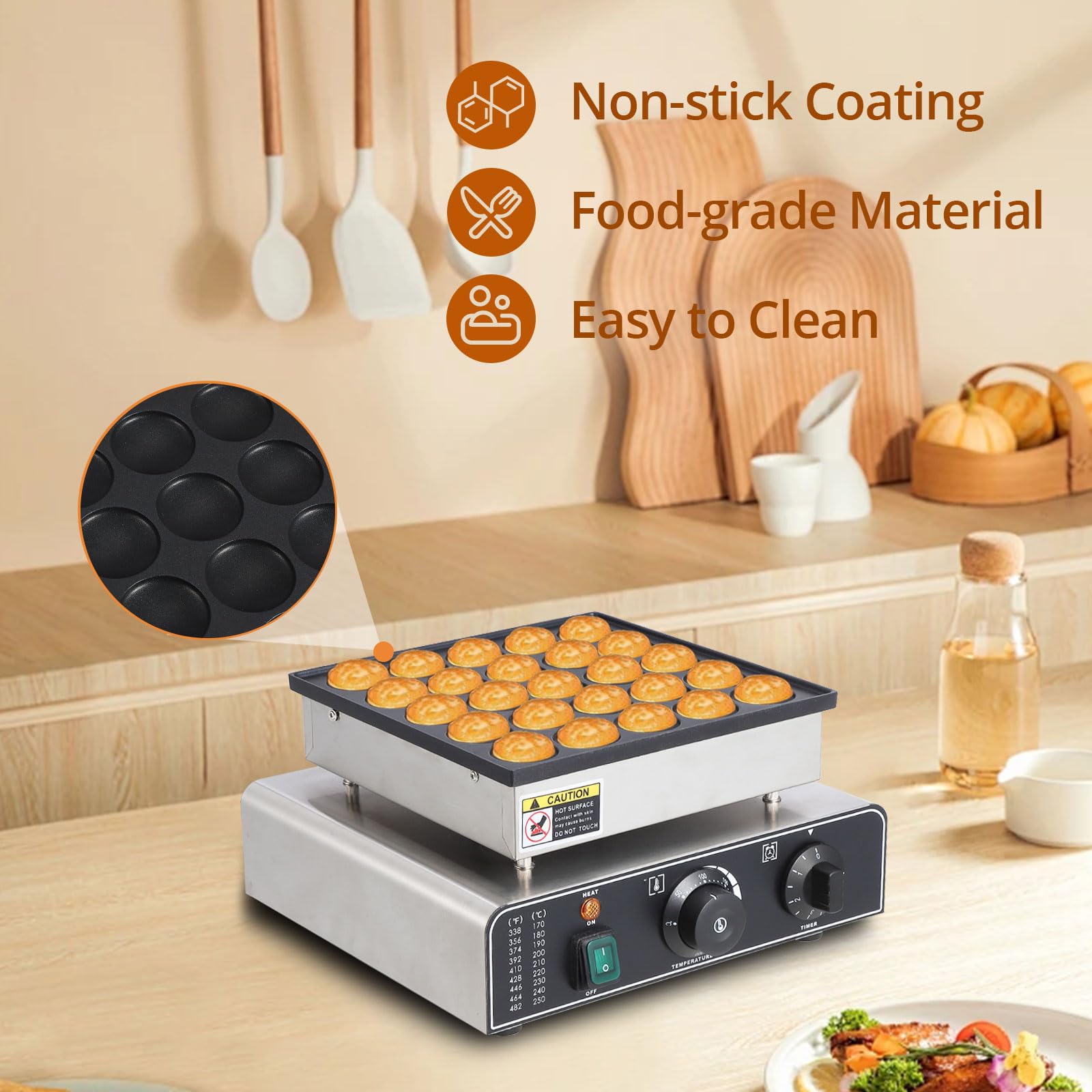 25 Hole & 25 Heart Waffle Maker - Commercial Electric Nonstick Mini Muffin Maker with 50-300°C Temperature Control - 1.8
