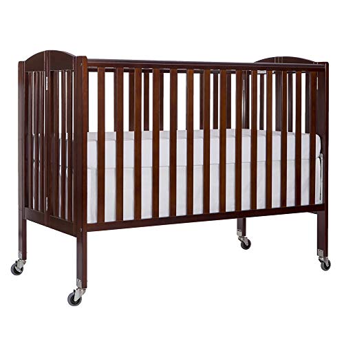 Dream On Me Folding Full Size Crib with Adjustable Mattress Height - Portable Baby Crib with Locking Wheels & Flat Fold Design in Espresso Finish - Perfect for Nursery, Travel & Grandparents' Homes
