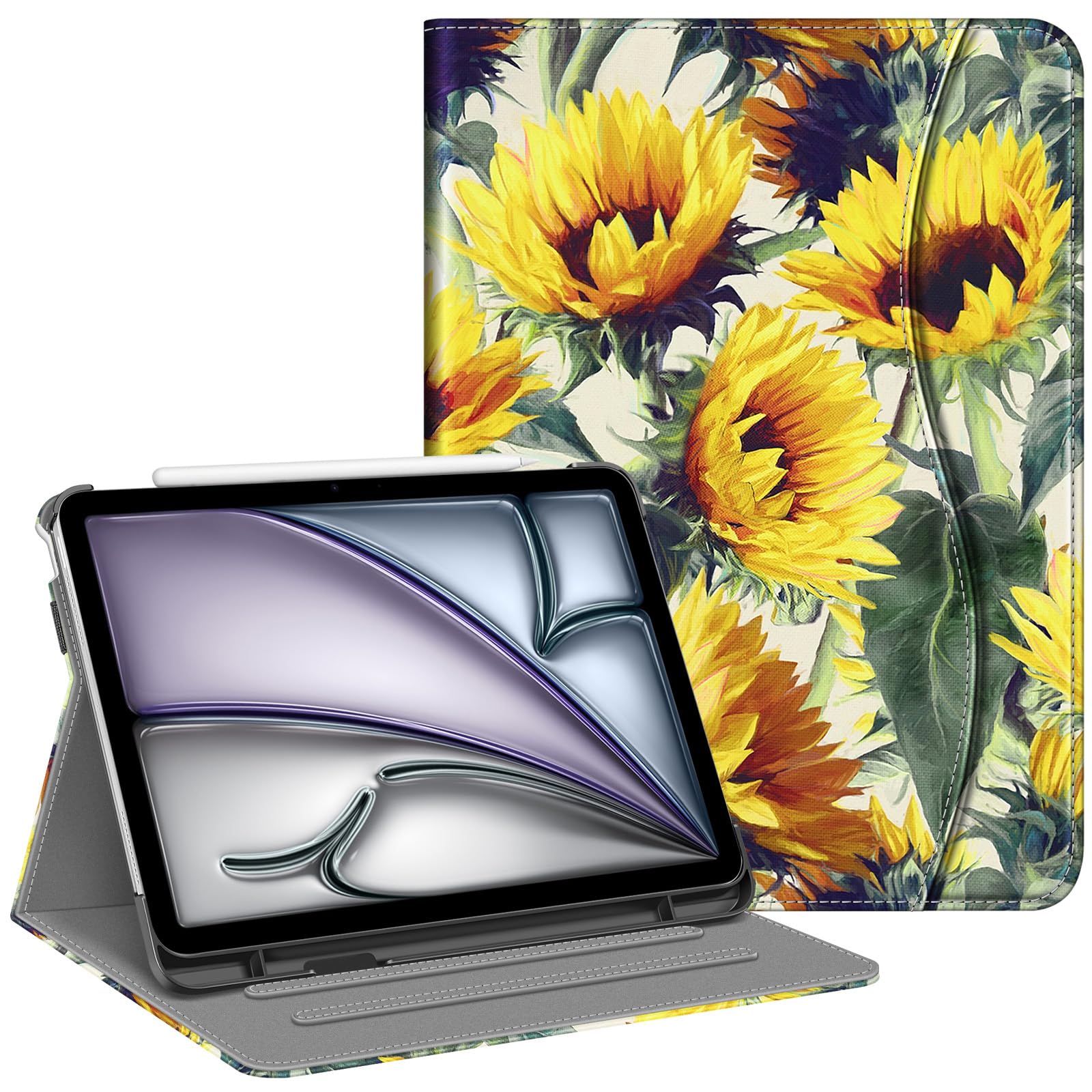 FINTIE iPad Air 11 Inch Case (2025/2024 M3/M2 & 5th/4th Gen 2022/2020) - Multi-Angle Stand Folio Cover with Apple Pencil Holder, Card Pocket | Sunflower Design | Perfect for Work, Study & Travel Protection