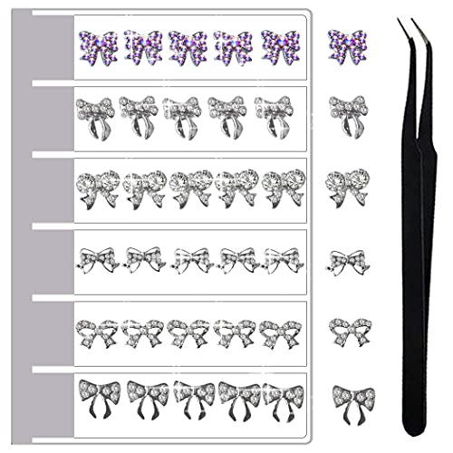 WOKOTO 30 Pcs Luxury Bowknot Nail Charms - Rhinestone Nail Art Kit with Alloy Bow Tie Crystals & Tweezers for Acrylic Nails, Manicure, DIY Nail Decoration | Perfect for Bridal, Party, Salon & Home Nail Art Designs