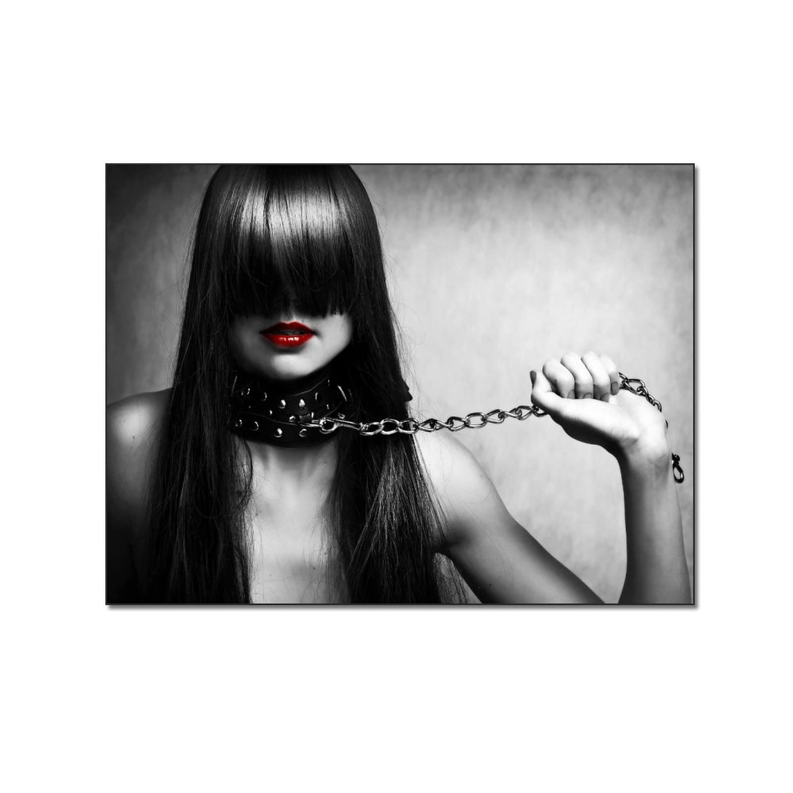 Black and White Photo Chain Red Lips Girl Art Print - 24x32 Inch (60x80cm) Framed Wall Poster for Bedroom, Living Room & Office Decor - Vintage Style Wall Art for Home, Dorm or Gift