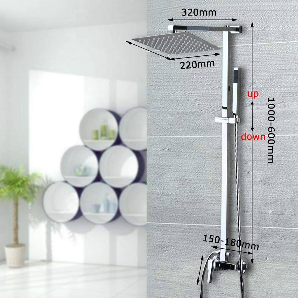 8 Inch Chrome Brass Bathroom Shower Set - Wall Mounted Square Stainless Steel Water Saving Faucet for Modern Bathrooms | Ultra-Thin Design for Space Saving | Perfect for Small Bathrooms & Luxury Showers