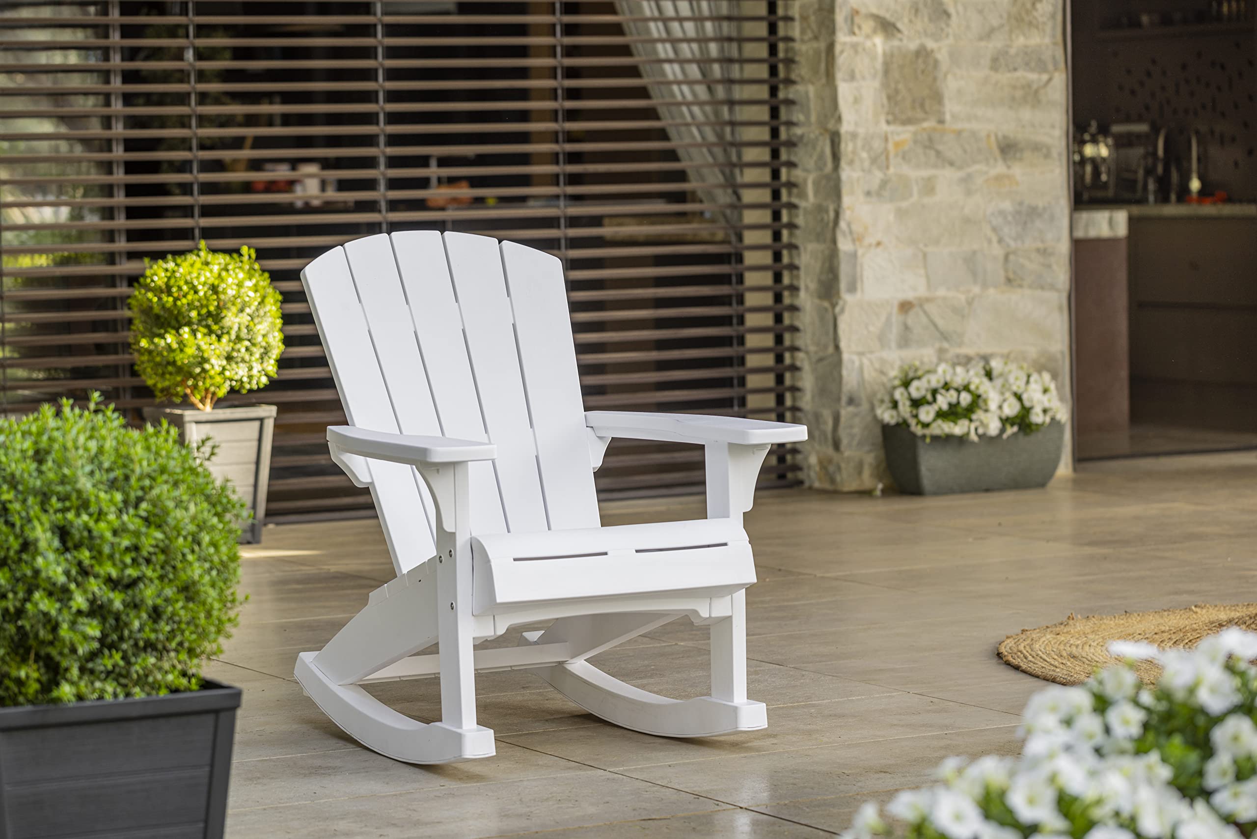 Keter Adirondack Rocker Resin Outdoor Patio Chair - Durable White Plastic Rocking Chair for Porch, Poolside & Fire Pit - Weather-Resistant Garden Seating for Backyard, Deck & Outdoor Relaxation