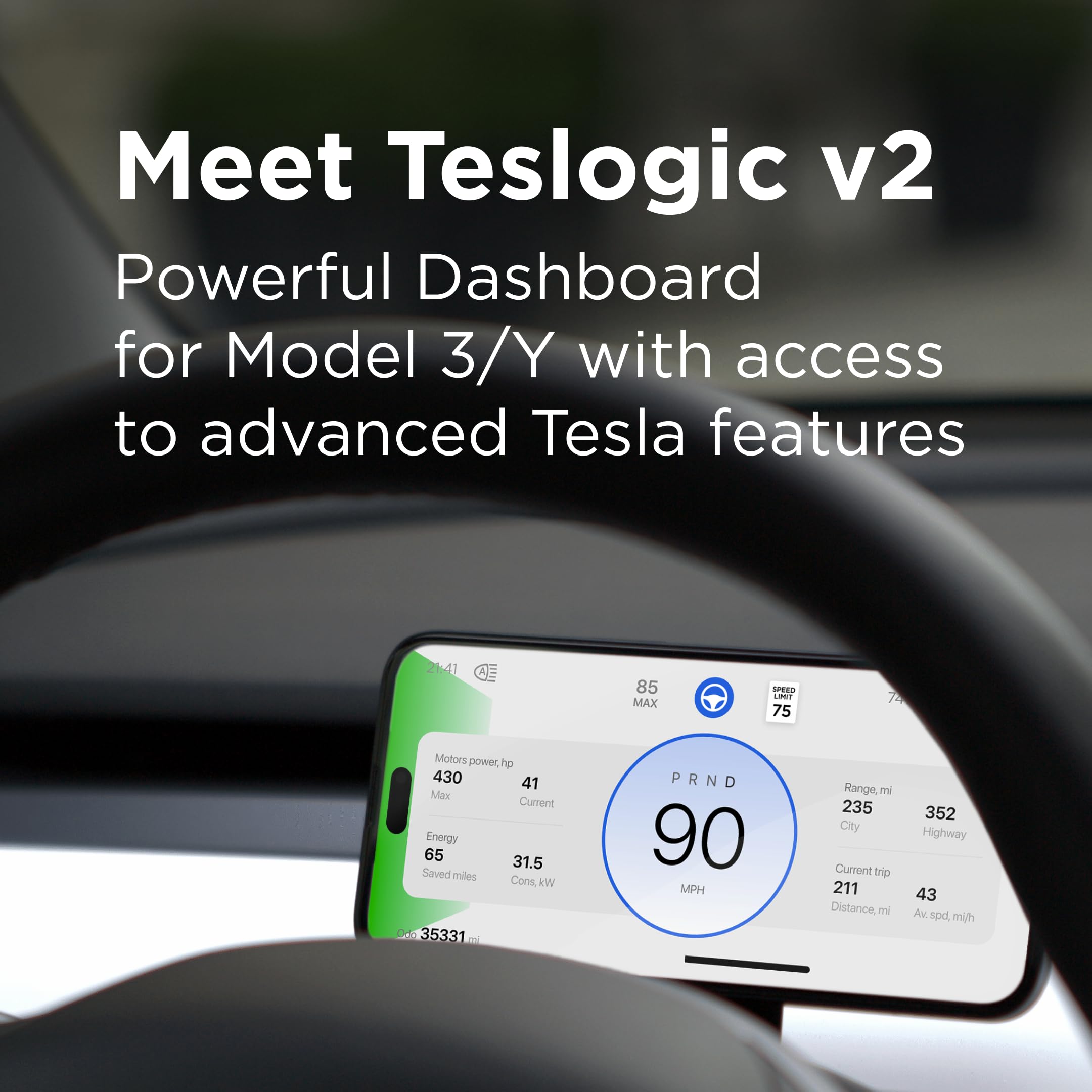 Teslogic v2: Digital Instrument Cluster with Custom Shortcuts for Tesla Model 3 (2021+) & Model Y (All Years) - Wireless Charger Not Included | Real-Time Driving Data Display for Enhanced Safety & Convenience