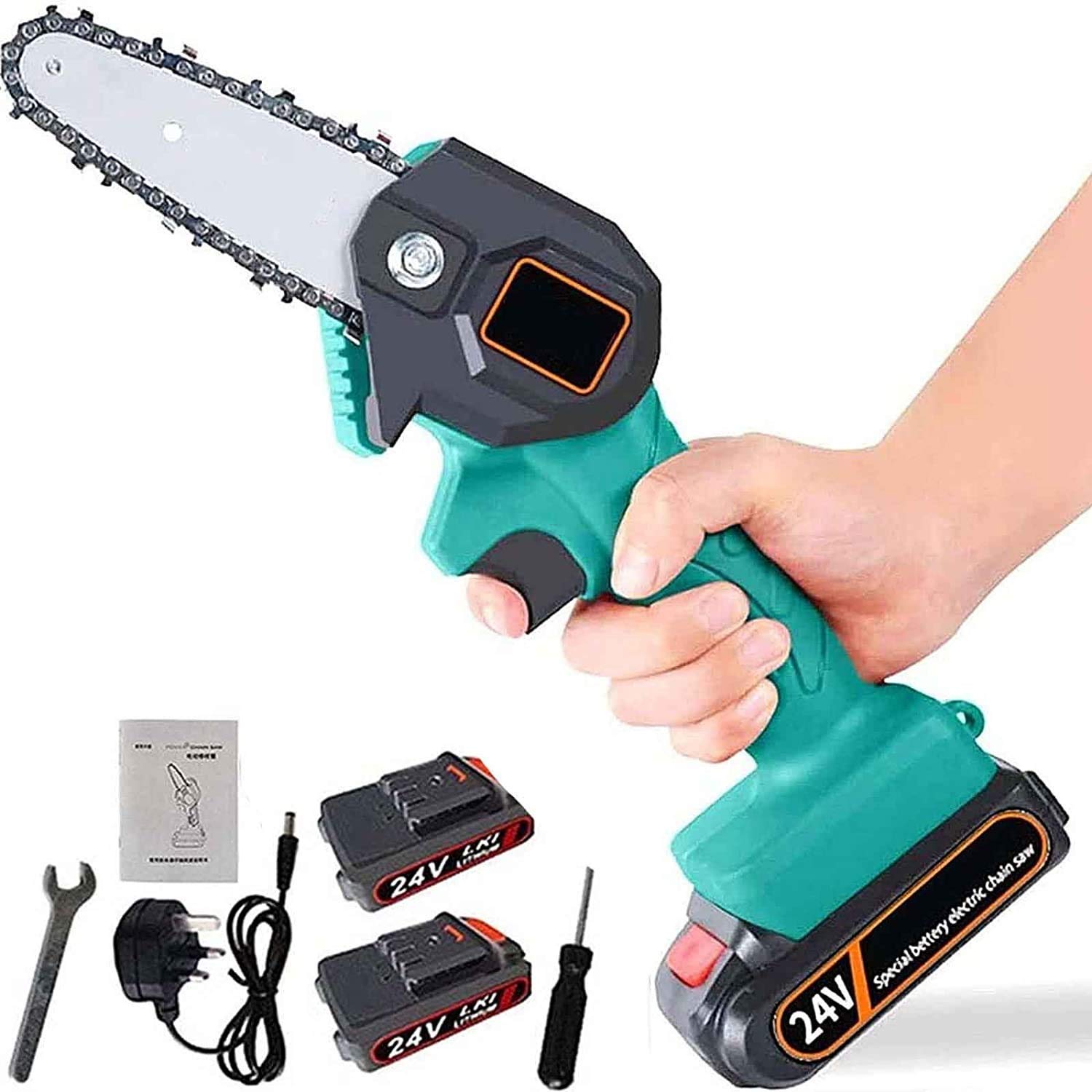 Electric Pruning Saw - Mini Portable Battery Chainsaw with Charger & 2 Batteries, Adjustable Cutting Speed for Wood & Metal Cutting | Perfect for Garden Pruning, DIY Projects & Outdoor Landscaping (E Blue, 2 Batteries)