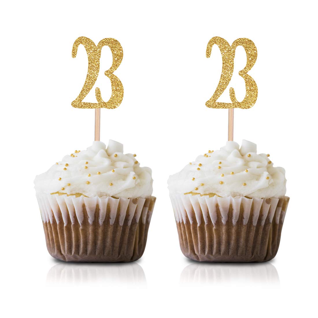 Gold Happy 23rd Birthday Cupcake Toppers - 24-Pack Glitter Number 23 Cake Decorations for Birthday Parties, Anniversaries & Celebrations - Perfect for Cupcakes, Cakes & Desserts