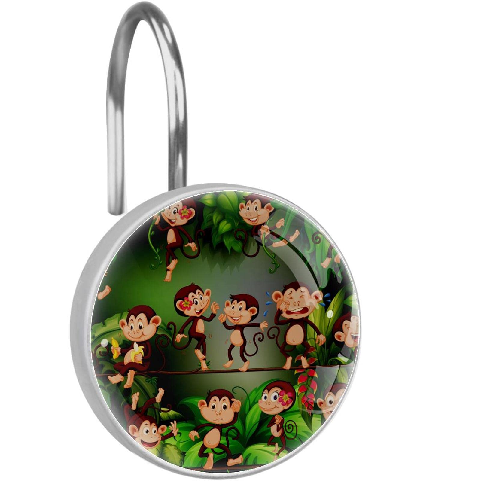 Rustproof Decorative Monkey Shower Curtain Hooks - Set of 12 (1.45x1.45in) for Bathroom, Animal Theme Shower Rings - Perfect for Kids' Bathroom Decor & Jungle Themed Home Accessories