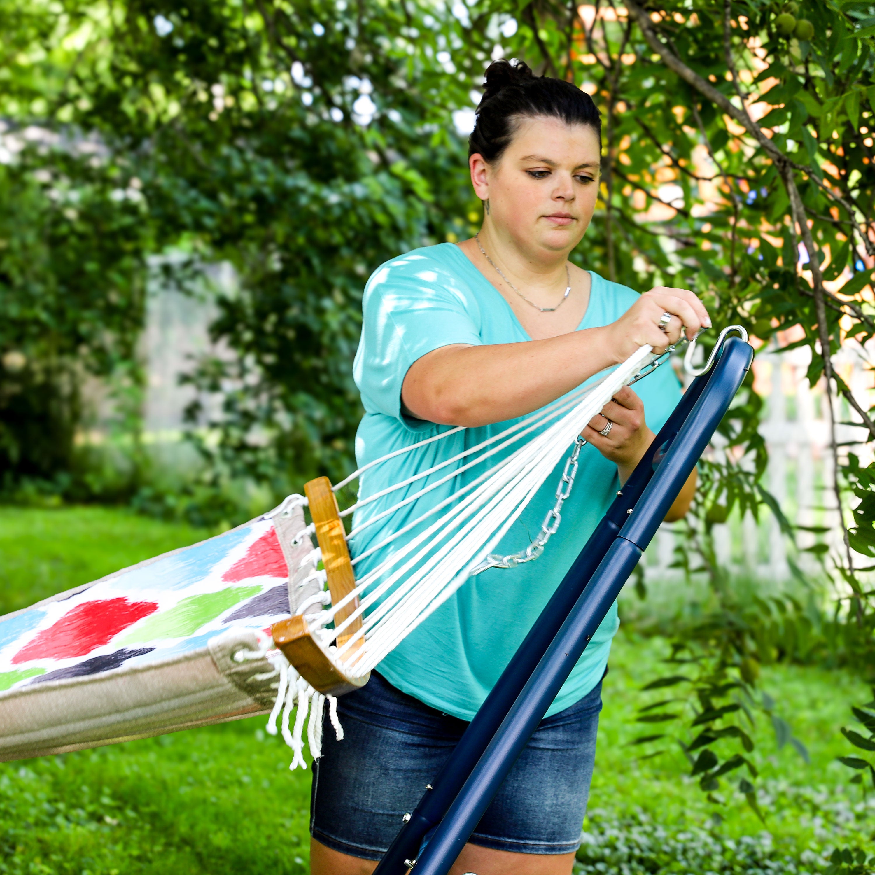 Premium Sunnydaze Quilted Outdoor Hammock with Curved Bamboo Spreader Bar & Comfort Pillow - Perfect for Backyard, Patio, Camping & Relaxation