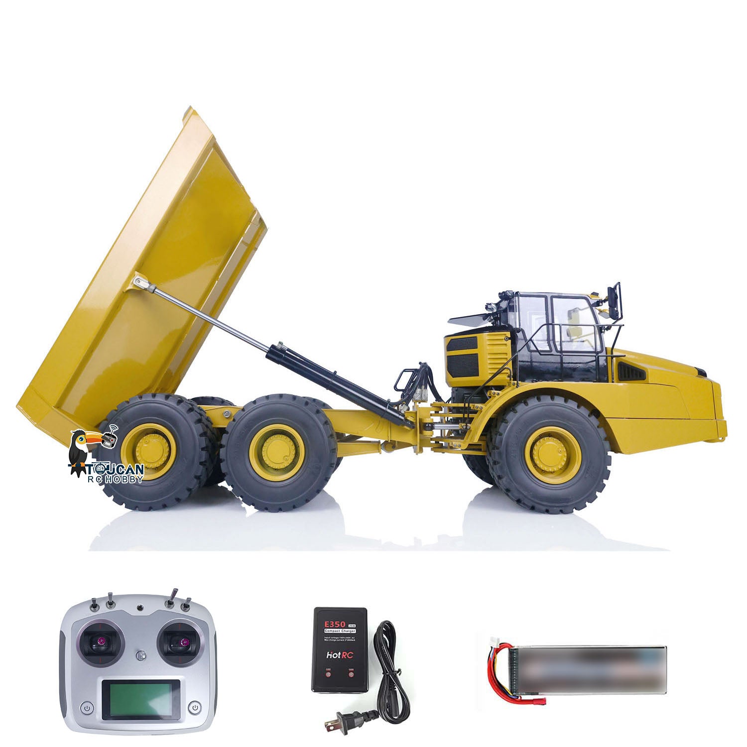 1/14 Scale Ready-To-Run DIM 745D Metal Hydraulic RC Articulated Dump Truck - 6×6 All-Wheel Drive with Light & Sound Effects, Detailed Cab Interior - Perfect for Construction Site Play, RC Hobby Collection, and Outdoor Adventure Activities