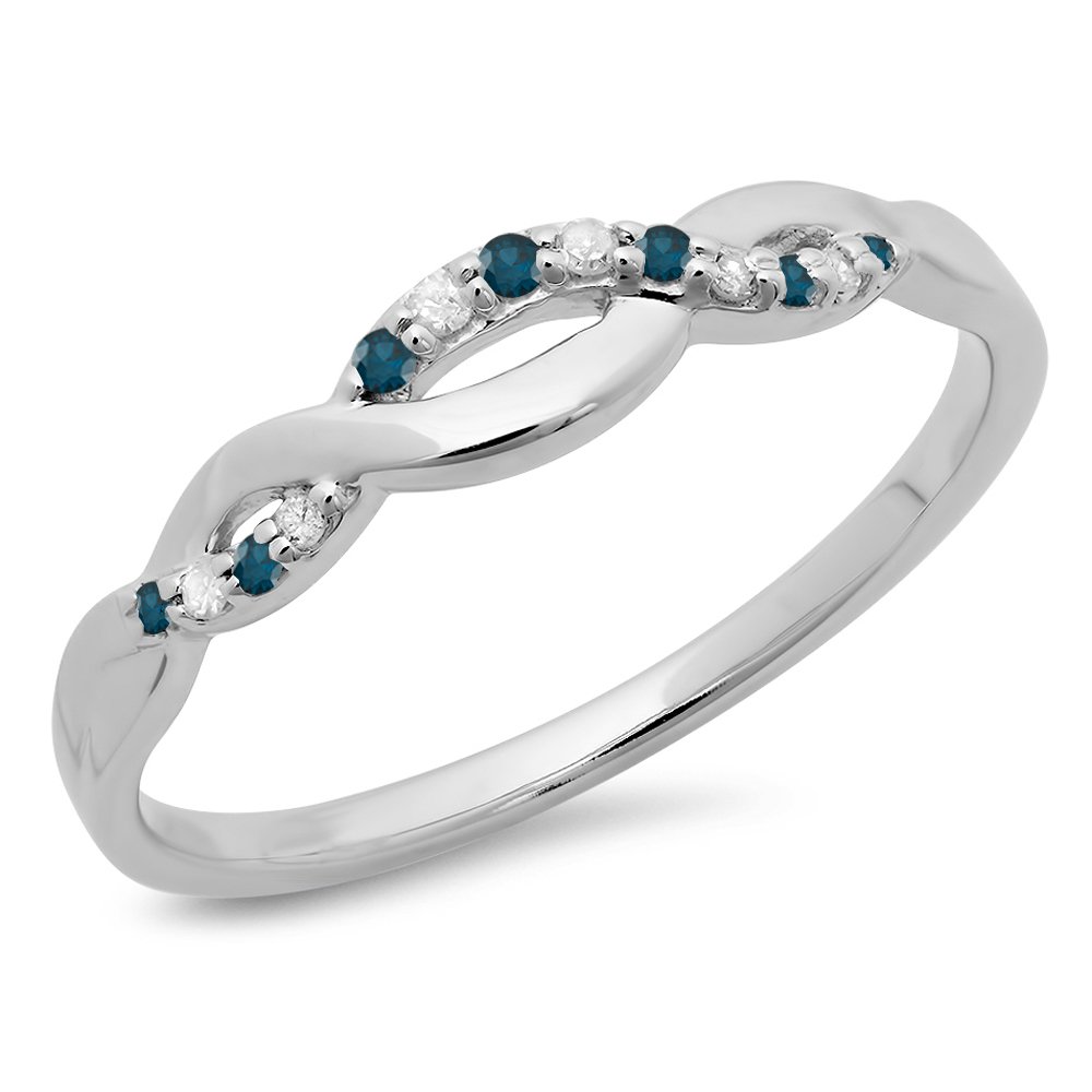 0.10 Cttw 10K Solid Gold Round Blue & White Diamond Women's Wedding Band Stackable Swirl Ring - Perfect for Bridal Sets, Anniversary Gifts & Everyday Elegance