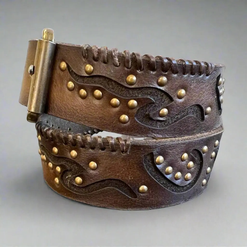 Premium Women's Full Grain Leather Belt with Geometric Embossing & Studs - Fashionable Accessory for Jeans, Dresses & Office Wear