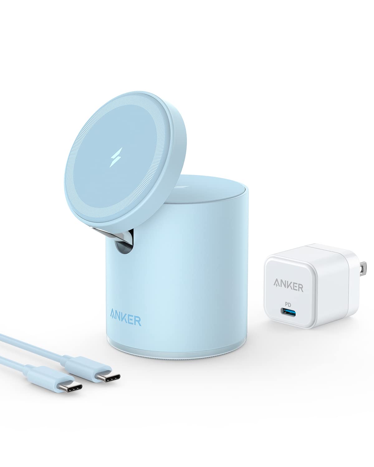 Anker 623 MagGo Magnetic Wireless Charging Station - 2-in-1 20W USB-C Fast Charger for iPhone 13/12 Series & AirPods Pro | Portable Desktop Charging Solution for Home, Office & Travel (Misty Blue)