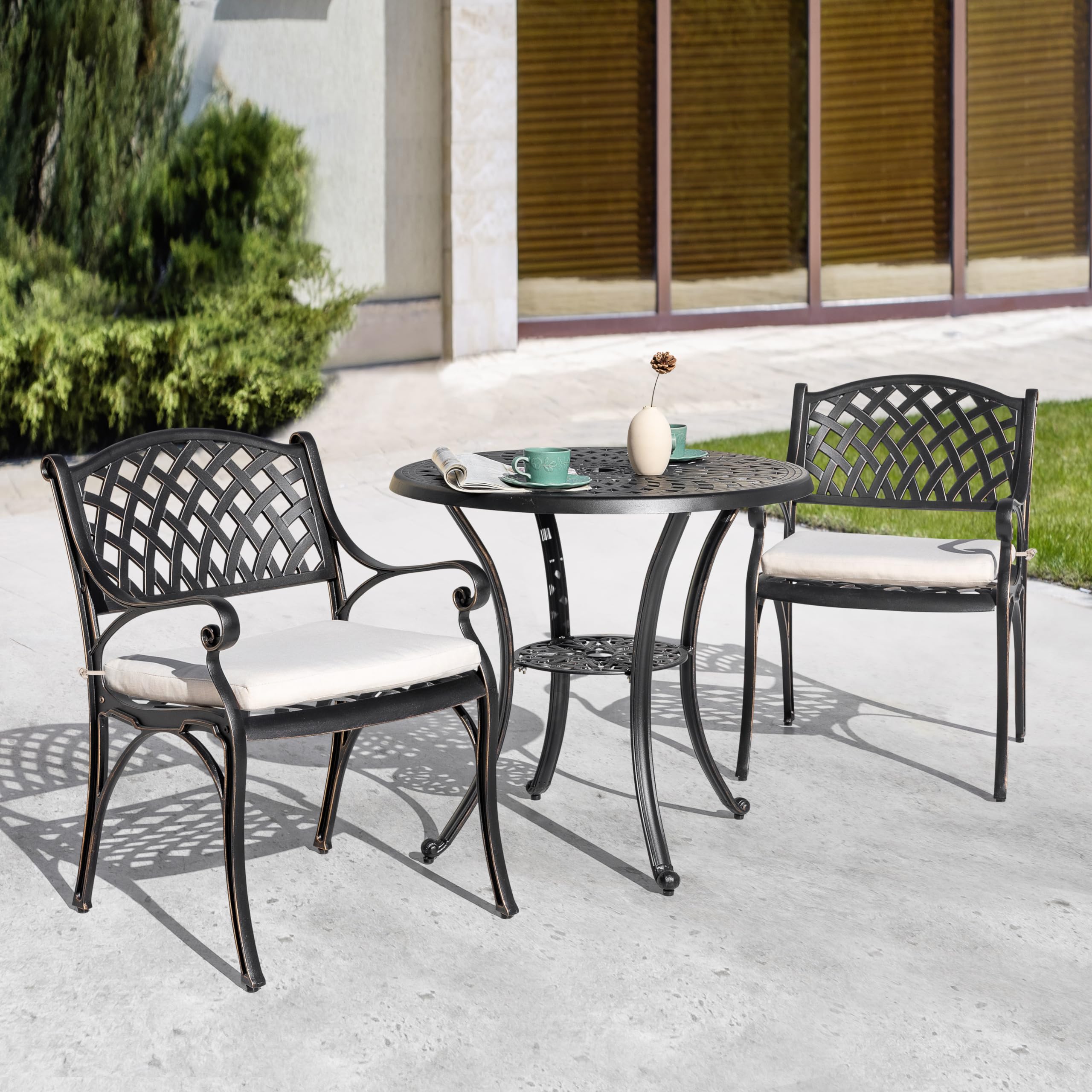 NUU GARDEN 3-Piece Outdoor Bistro Set - Rustproof Cast Aluminum Patio Table & Chairs with Umbrella Hole & Beige Cushions - Perfect for Backyard, Balcony, Front Porch, Garden or Poolside Dining - Black