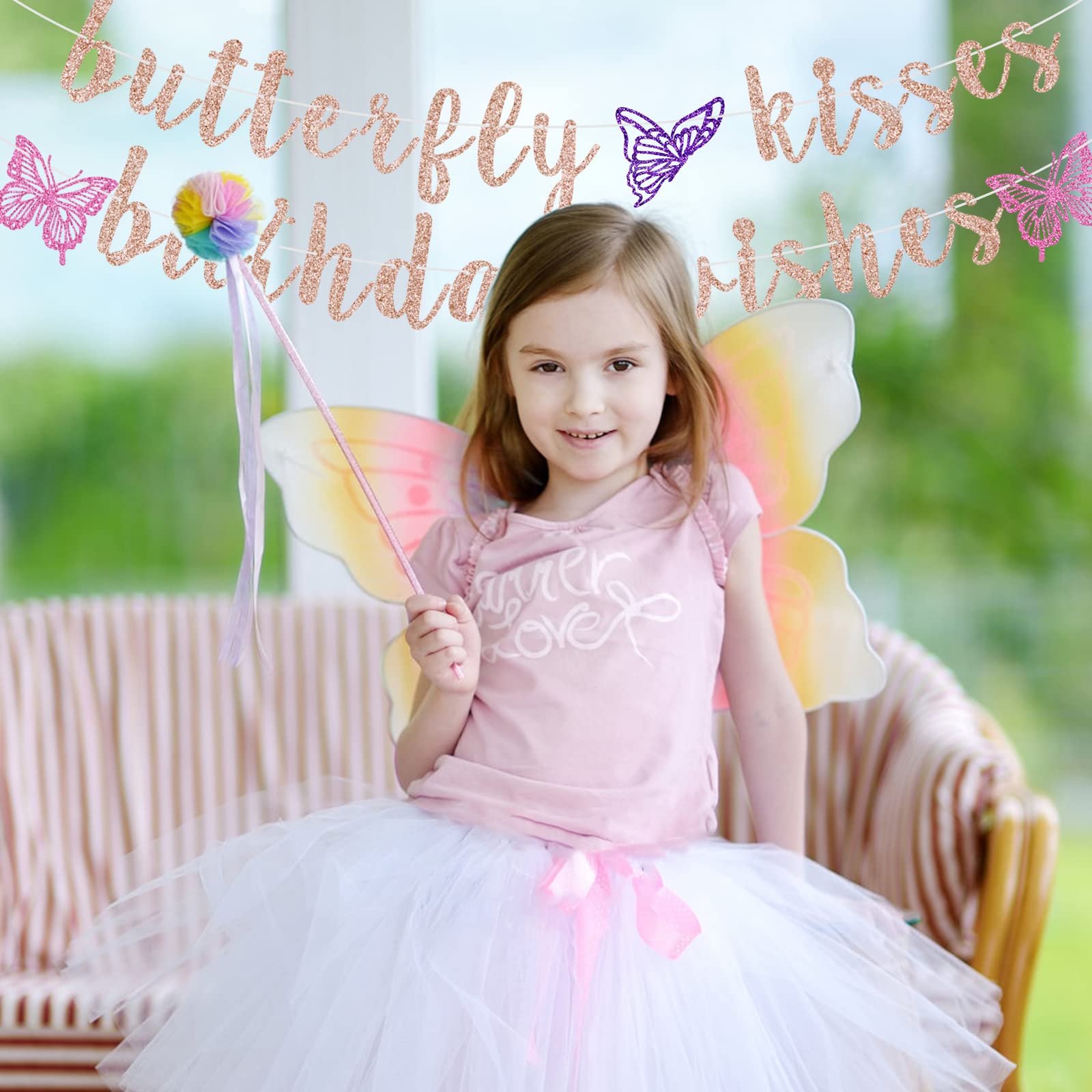 Butterfly Kisses Birthday Banner - Rose Gold First Birthday Party Decorations for Girls, Baby Shower & Birthday Celebrations