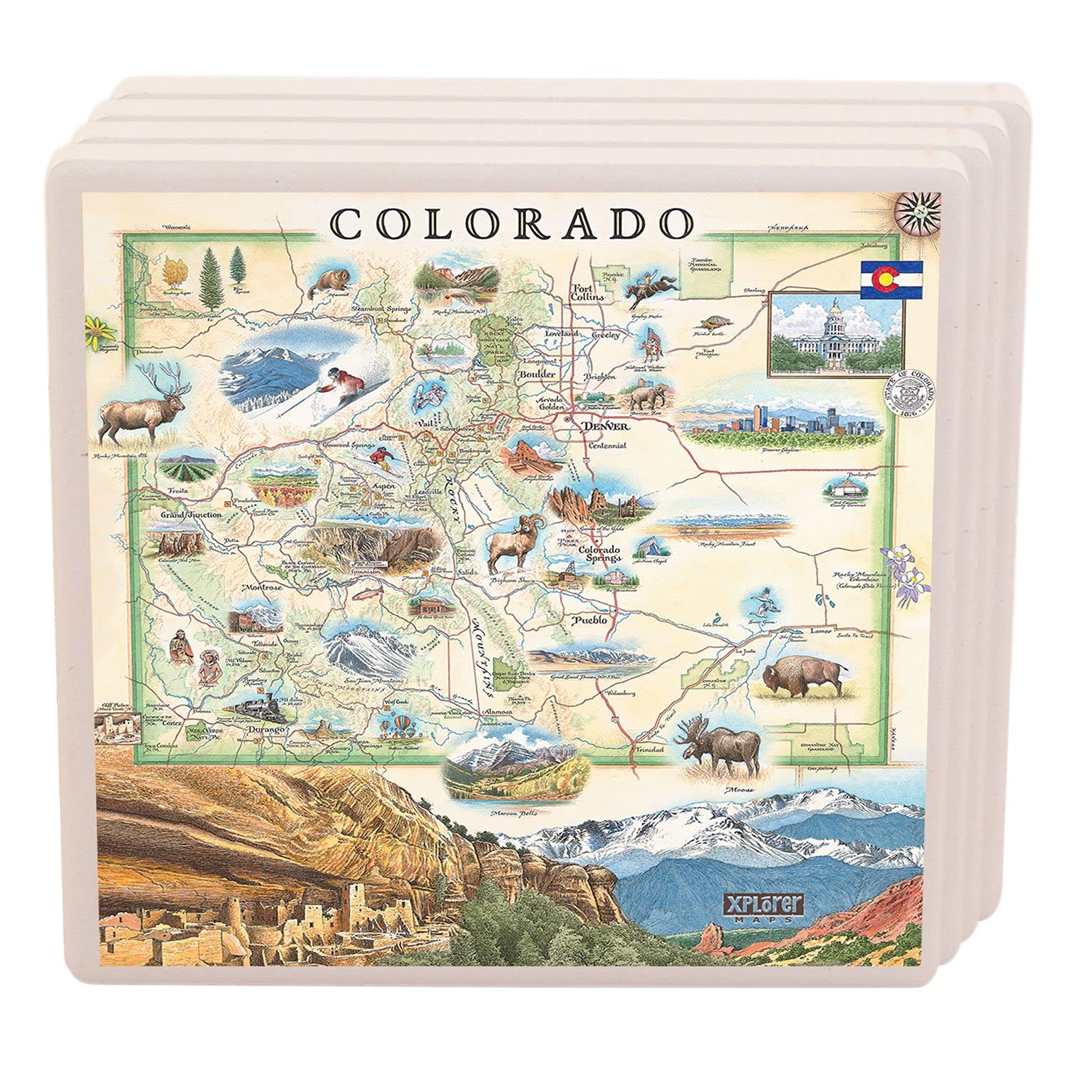 Colorado State Ceramic Coasters Set of 4 - Durable & Absorbent Drink Coasters for Home, Office, Bar - Perfect for Coffee, Beer, Wine Cups - USA Made