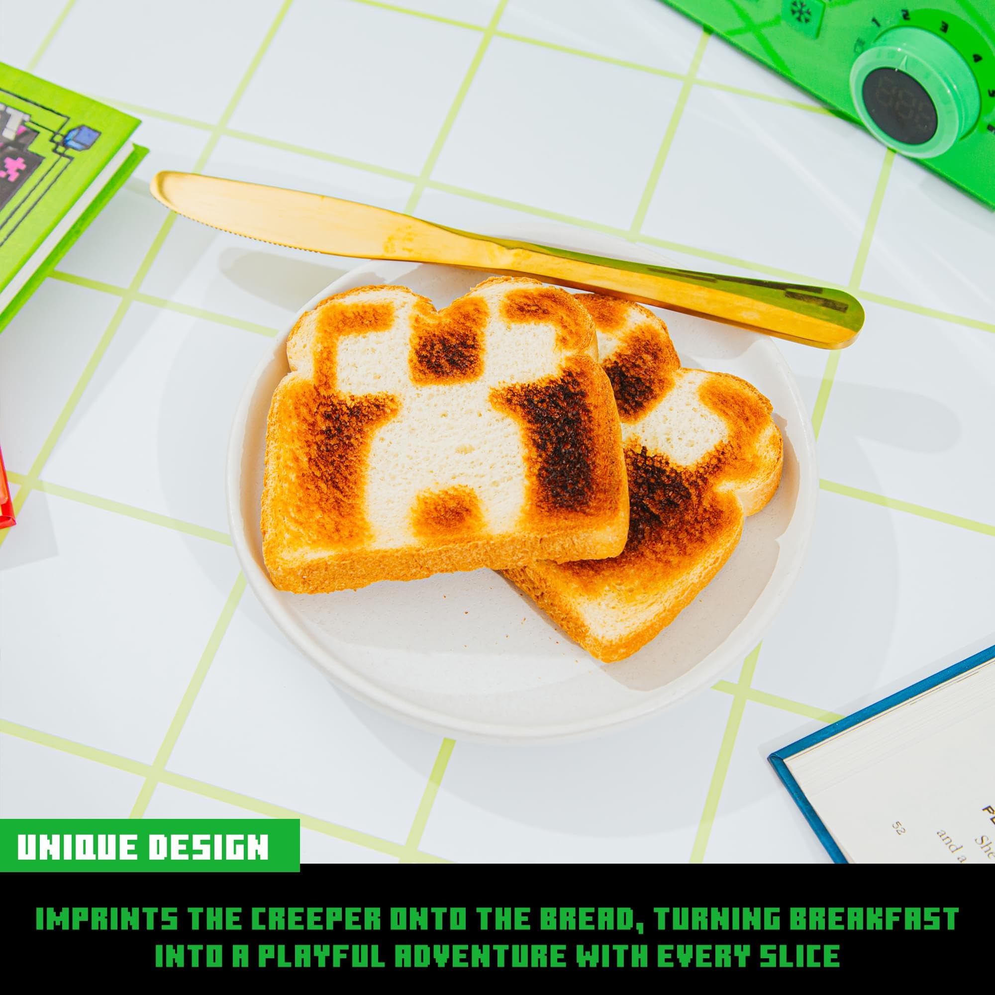 Minecraft Green Creeper 2-Slice Toaster for Bagels, Waffles & Bread - 6 Browning Settings with Defrost Function - Prints Creeper Face Design - Perfect for Gamers, Kids & Minecraft Fans Breakfast