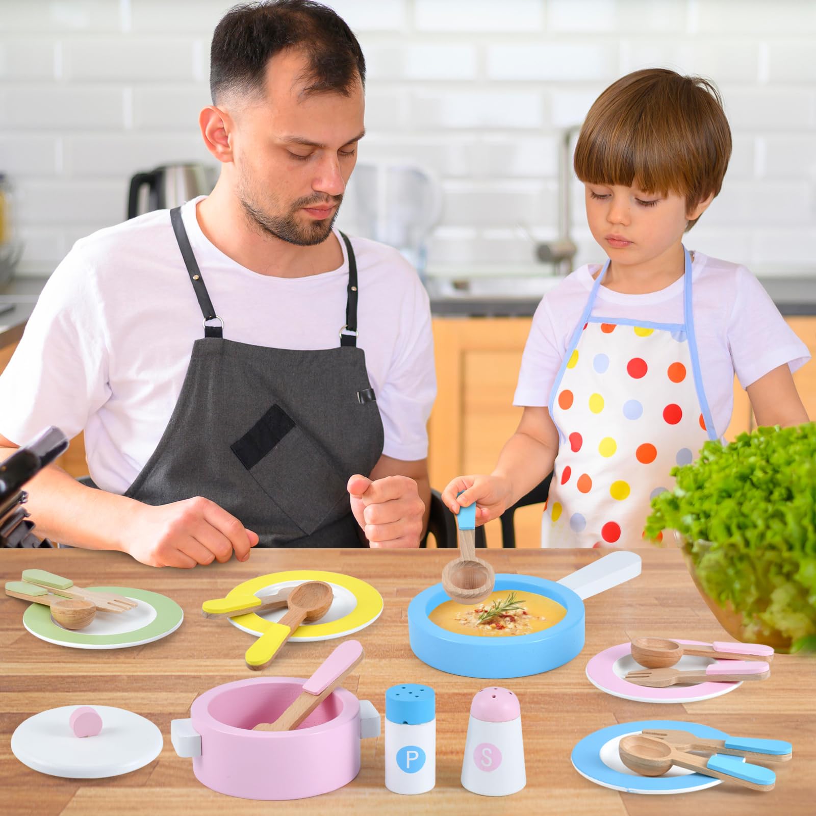 WHOHOLL Wooden Toy Kitchen Set for Kids 1-5 - Pretend Play & Montessori Learning - Perfect Christmas Birthday Gift