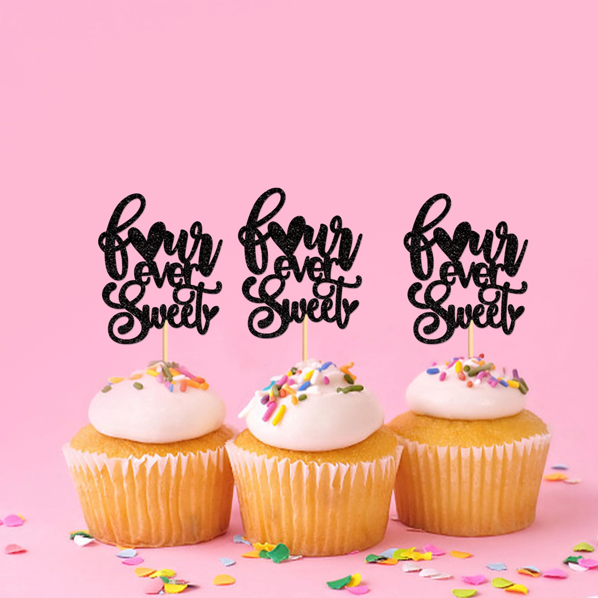 24 Pack Black Glitter Four Ever Sweet Cupcake Toppers - Premium Cake Decorations for Baby Showers, Kids 4th Birthday Parties & Themed Celebrations - Perfect for Dessert Tables, Wedding Cakes & DIY Baking Projects