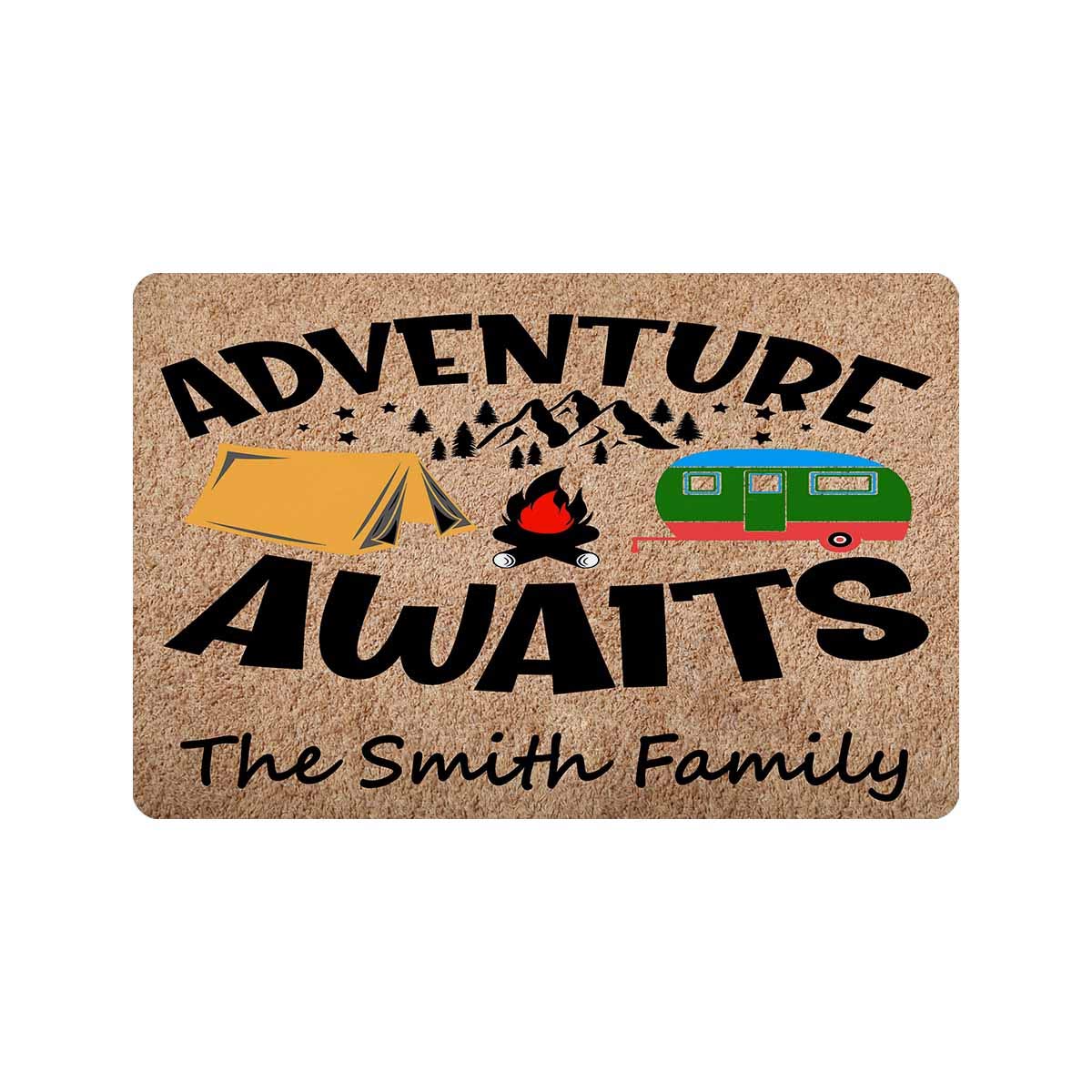 Personalized Non-Slip Rubber Camper Doormat 24x16 Inches - Adventure Awaits Design for RV, Trailers & Home Entry - Indoor/Outdoor Waterproof Welcome Mat for Camping Trips & Front Door Decor