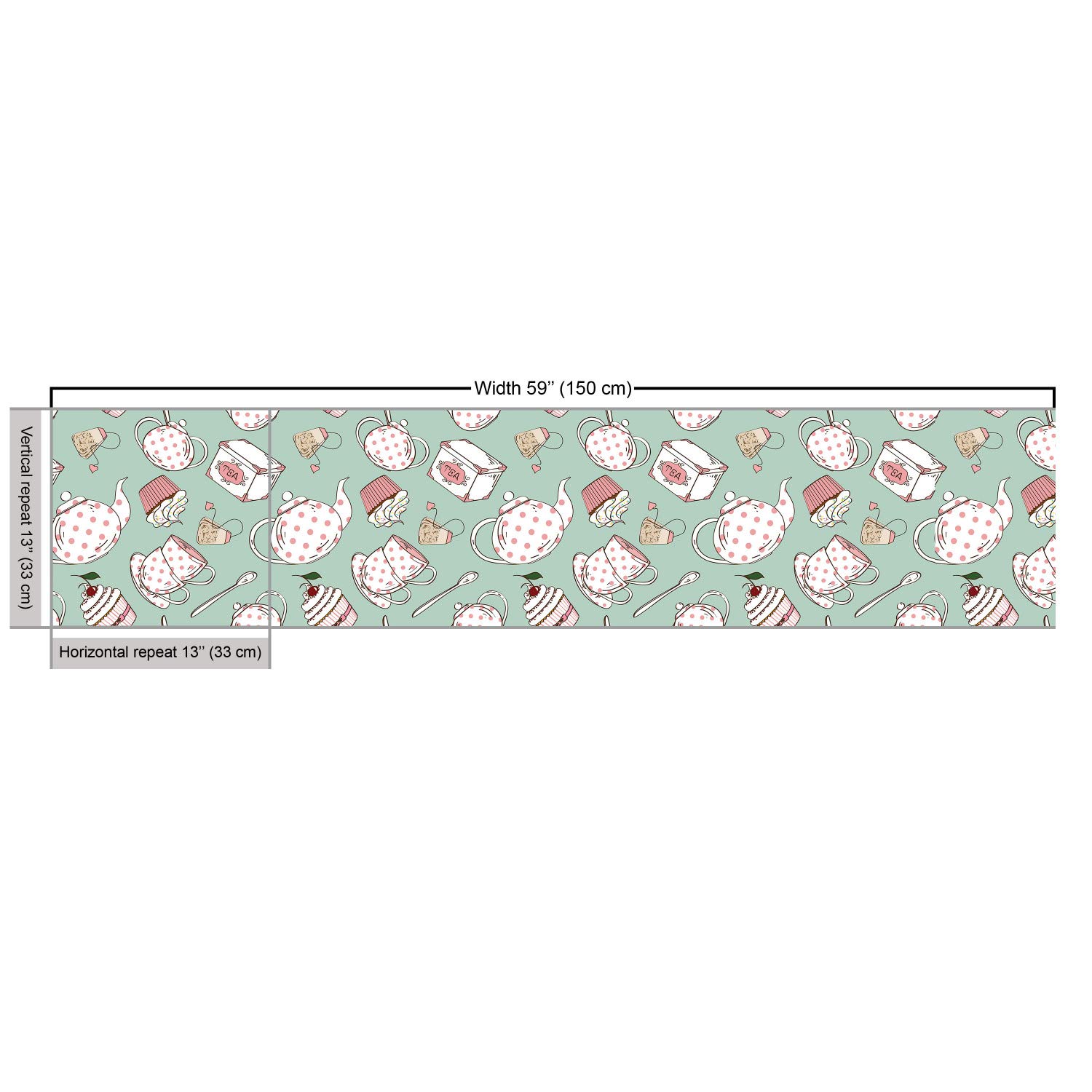 Ambesonne Tea Party Fabric by The Yard - Polka Dot Teapot & Cupcake Print Upholstery Material (10 Yards, Green Coral) | Perfect for DIY Home Decor, Table Runners, Curtains & Craft Projects