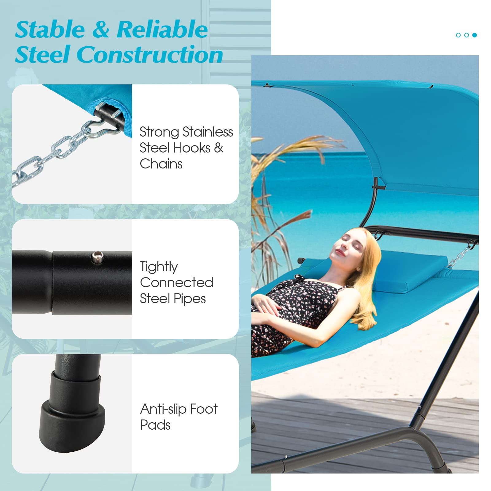 Giantex Heavy Duty Hanging Hammock with Stand - Outdoor Patio Swing Bed with Canopy, Cushion, Pillow & Storage Bag - Blue Chaise Lounge Chair for Garden, Backyard, Poolside, Porch - Perfect for Relaxing, Sunbathing and Outdoor Lounging