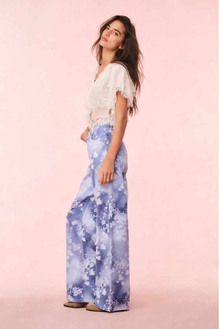 Dessa Floral Wide Leg Jeans for Women - High Waisted Stretch Denim Pants - Boho Chic Casual Outfit for Spring Summer