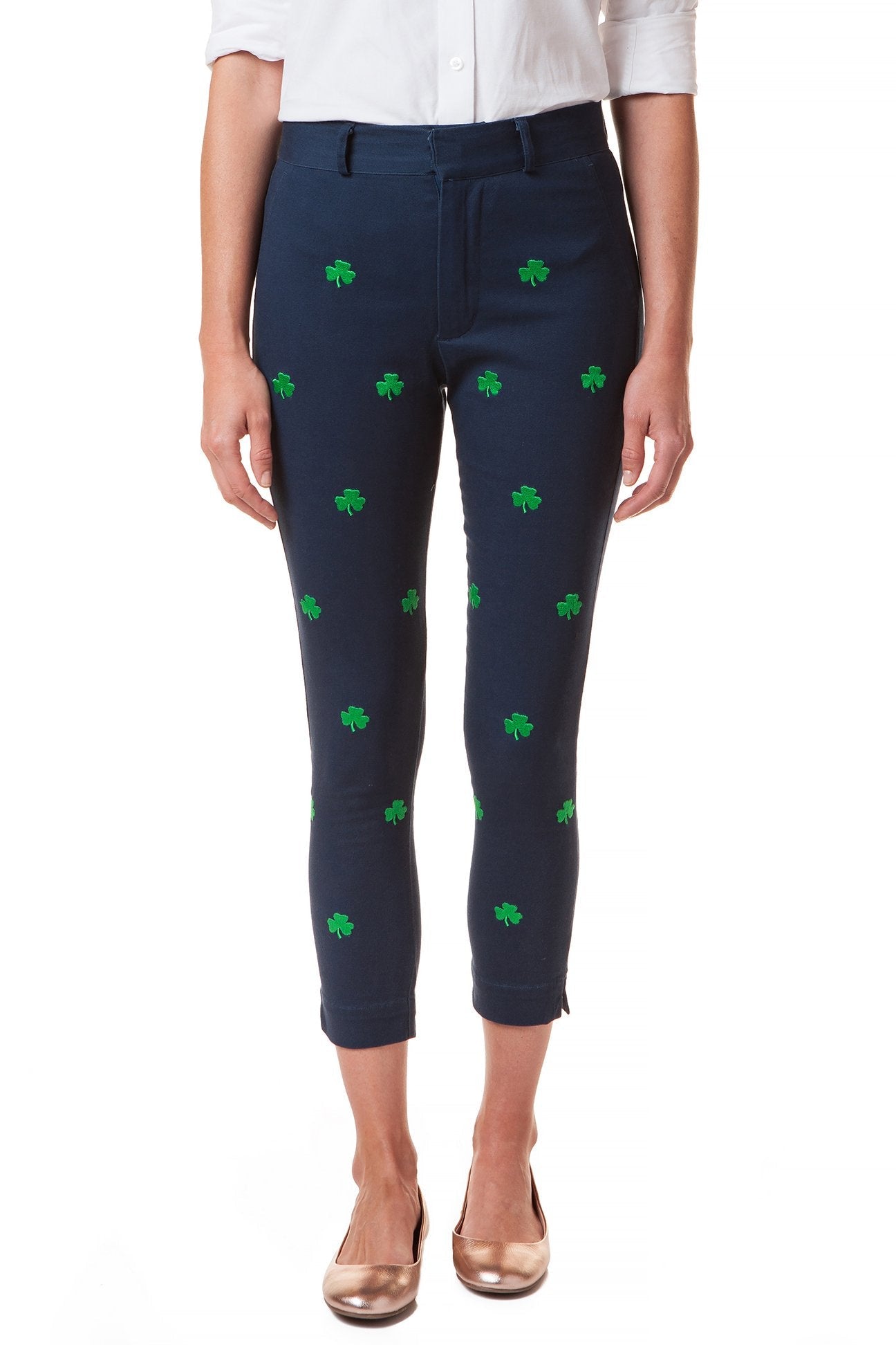 Stretchy Ankle Capri Pants in Nantucket Navy with Shamrock Print - Perfect for Casual Wear, Yoga, and Summer Outfits