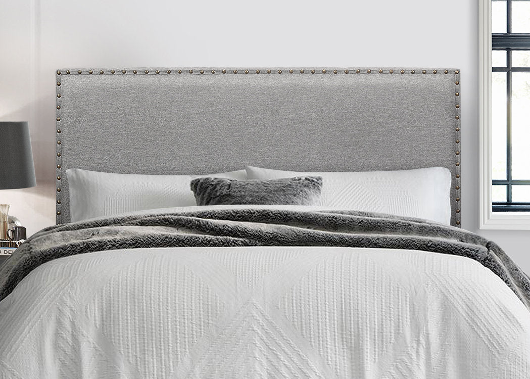 Grey Linen Upholstered Headboard with Nailhead Trim - Queen Size Bed Frame Accent for Modern Bedroom Decor