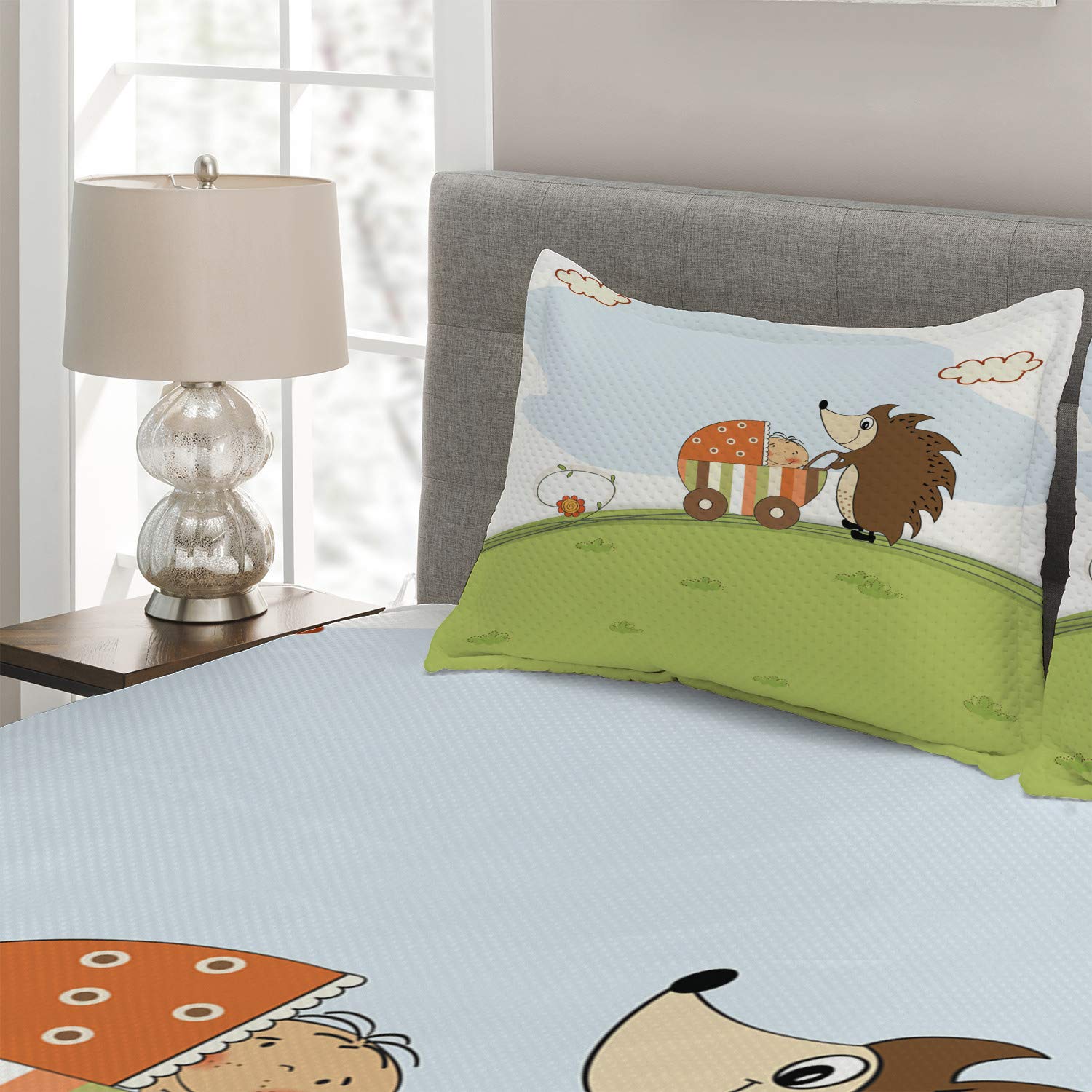 Ambesonne Funny Hedgehog Pushing Stroller Quilted Bedspread Set - 3 Piece King Size Decorative Coverlet with 2 Pillow Shams in Green & Pale Blue | Perfect for Kids' Room, Nursery Decor or Whimsical Bedroom Theme