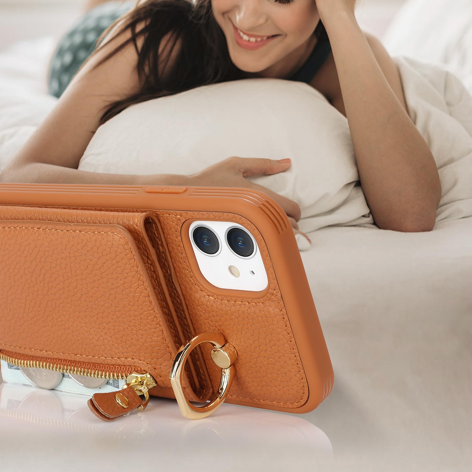 **Premium Leather iPhone 11 Wallet Case with Card Holder, Crossbody Strap & Stand Ring – Zipper Pocket Design for Women (Brown) – Perfect for Travel, Work & Everyday Use**