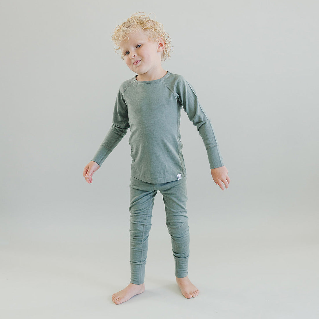 Kids Merino Wool Base Layer - Long Sleeve Thermal Top in Sage Green | Perfect for Winter Outdoor Activities & Layering
