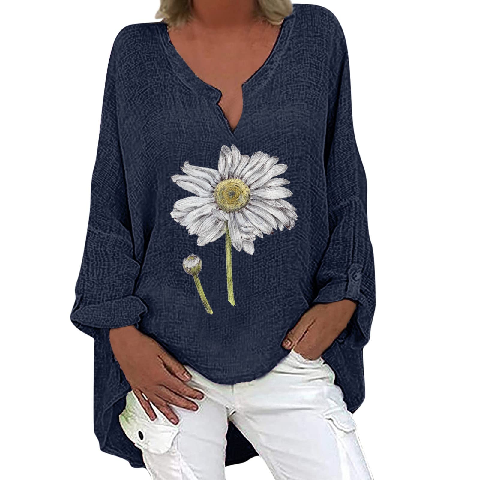Women's Floral Print V-Neck Long Sleeve Blouse with Asymmetrical Hem - Summer Casual Tops for Work, Date Night & Outdoor Activities