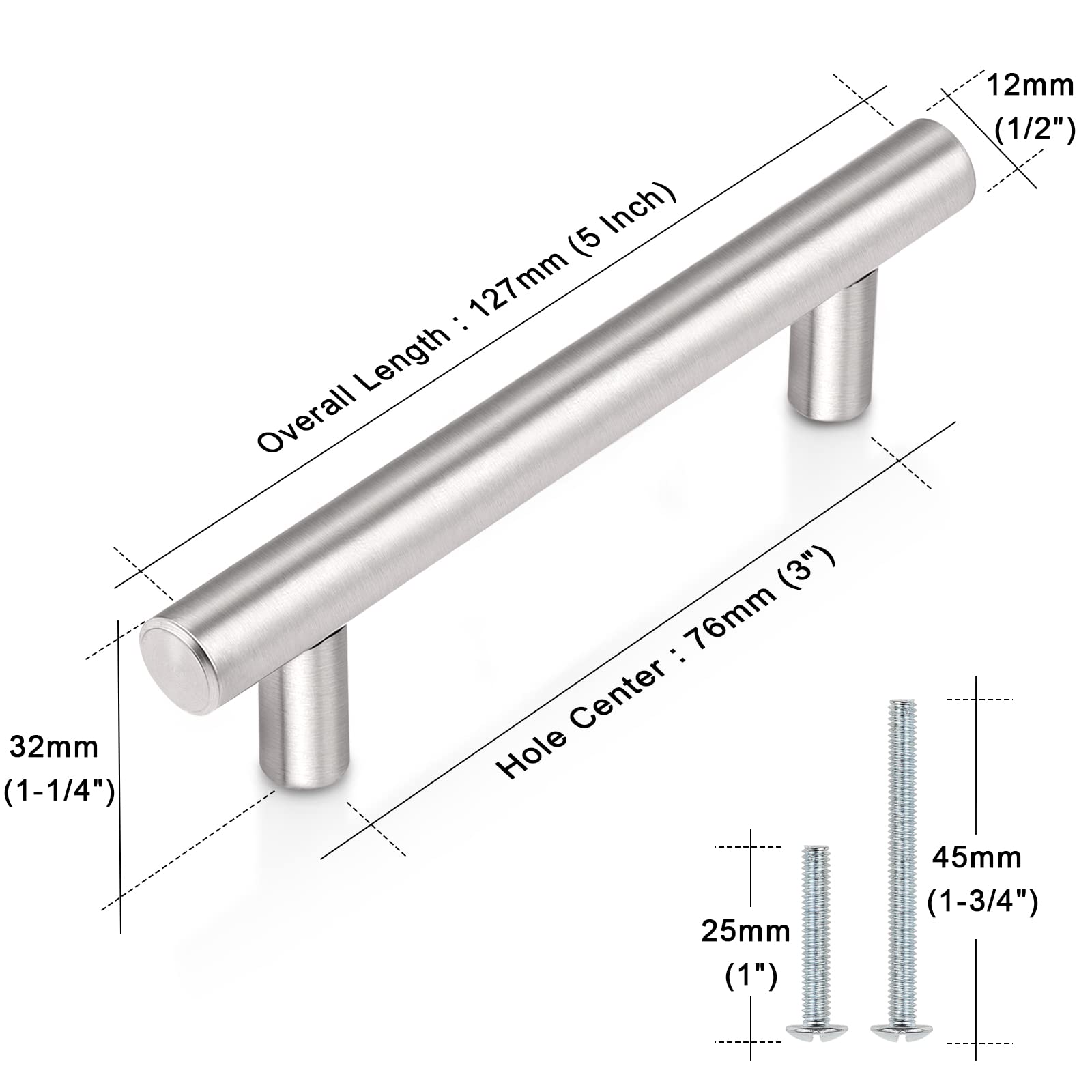 **30 Pack 3 Inch Hole Centers Brushed Nickel Cabinet Handles - Stainless Steel Euro T-Bar Pulls for Kitchen Cabinets, Drawers & Dressers (5 Inch Total Length) - Perfect for Modern Home & Office Furniture Hardware**