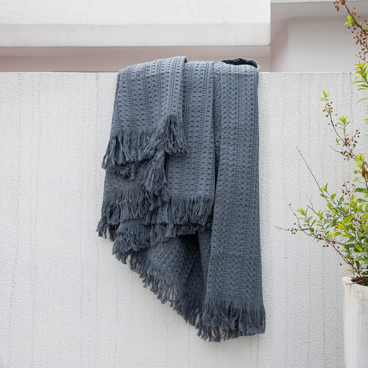 100% Cotton Waffle King Size Blanket with Fringe - Pre-Washed Waffle Weave All Season Throw - Lightweight Breathable Soft Cozy Blanket for Couch, Bed, Travel, Camping & Gifts (Blue, 104x90 Inches) - Perfect for Home Decor, Guest Room & Winter Warmth