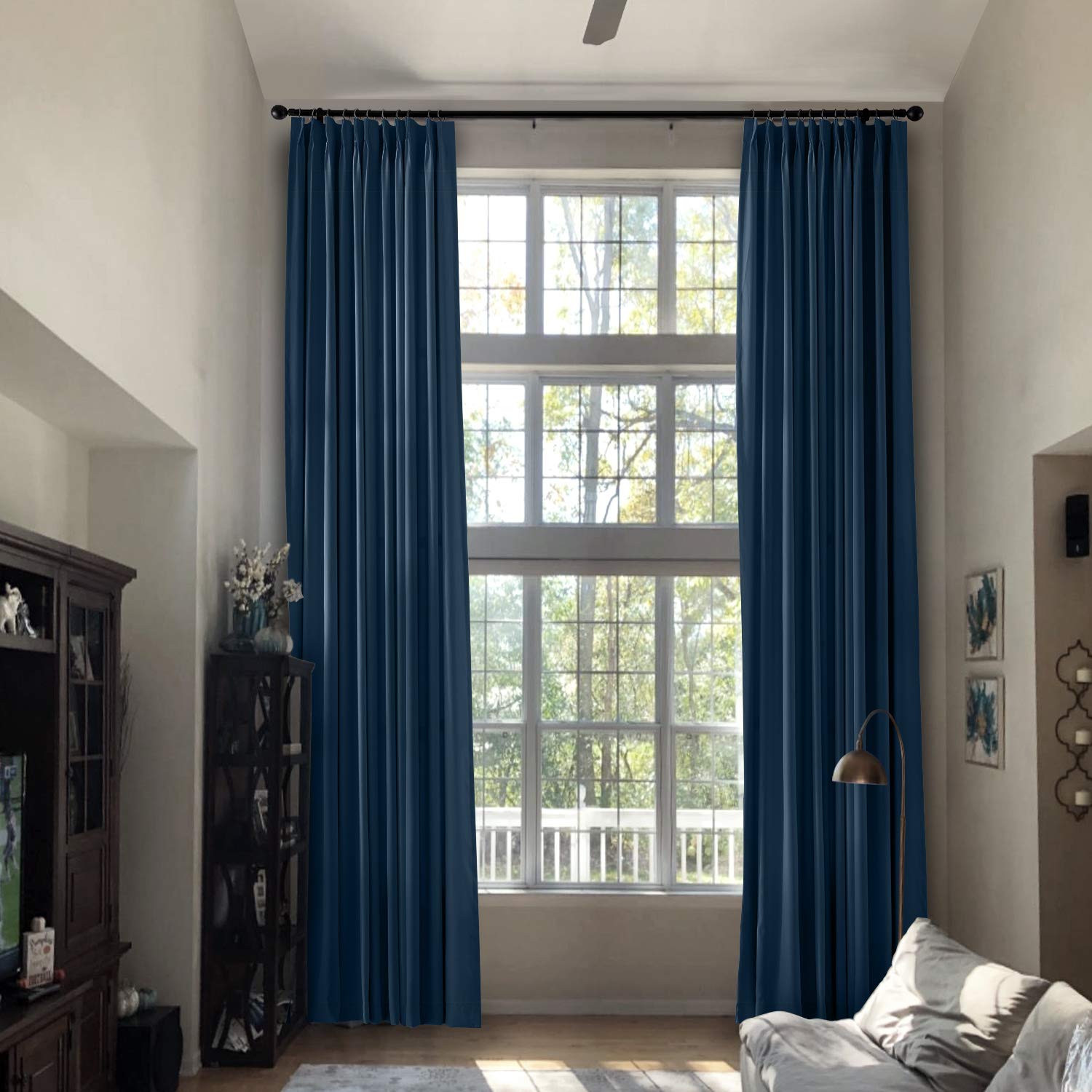 Prim Extra Long Blackout Curtains for Living Room - Modern Pinch Pleat Loft Room Divider with Noise Reduction & Privacy, Navy Blue (1 Panel) - Perfect for Home Theater, Nursery & Office Spaces