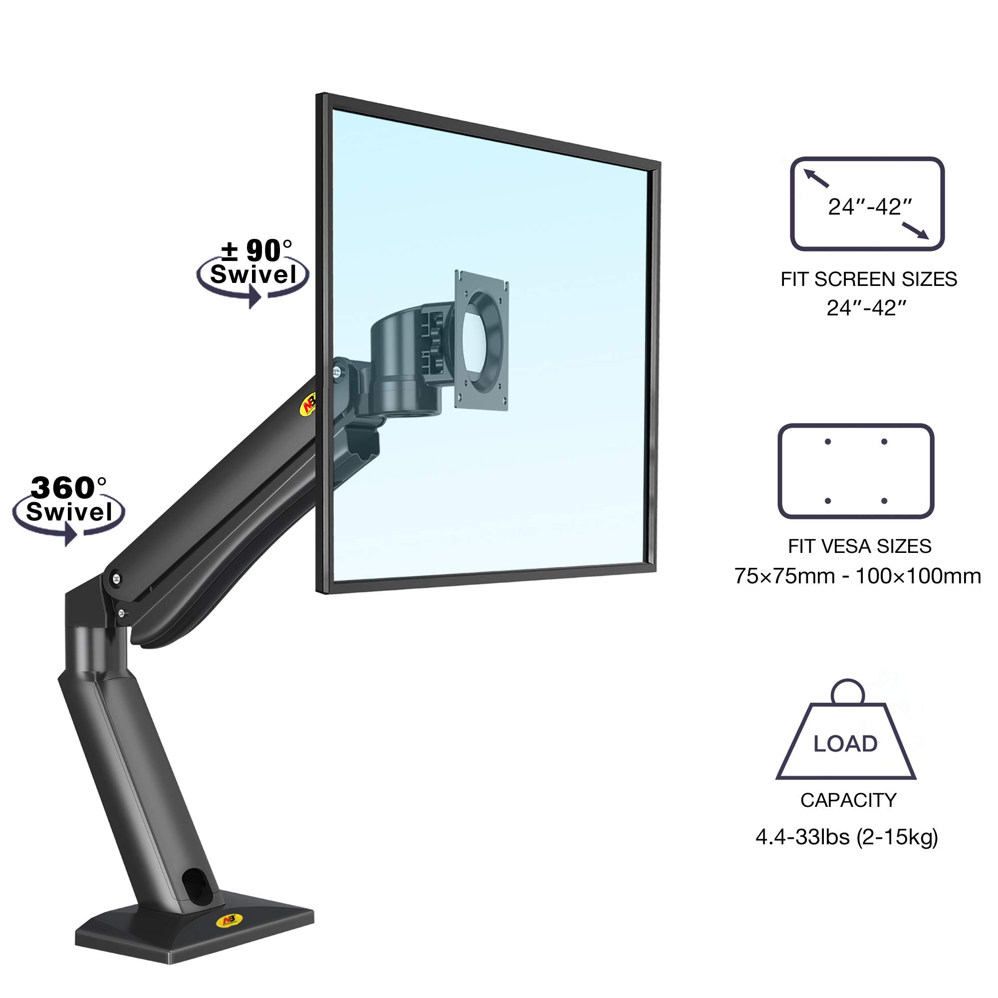 North Bayou Heavy Duty Monitor Arm Desk Mount - Full Motion Adjustable Stand for 24-42 Inch Screens (4.4-33 lbs Weight Capacity) - Ergonomic Gaming & Office Monitor Stand (Model NB45-B) - Perfect for Workstations, Home Offices & Gaming Setups