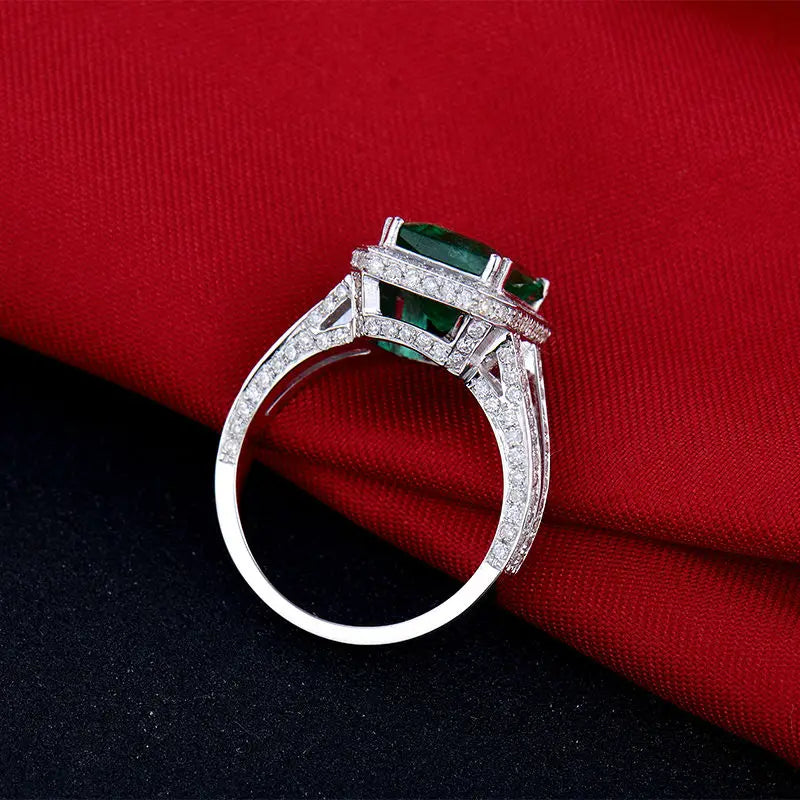 18K White Gold Emerald Cut Diamond Ring for Women - 8x10mm Green Gemstone, Elegant Jewelry Gift for Engagement, Wedding & Special Occasions
