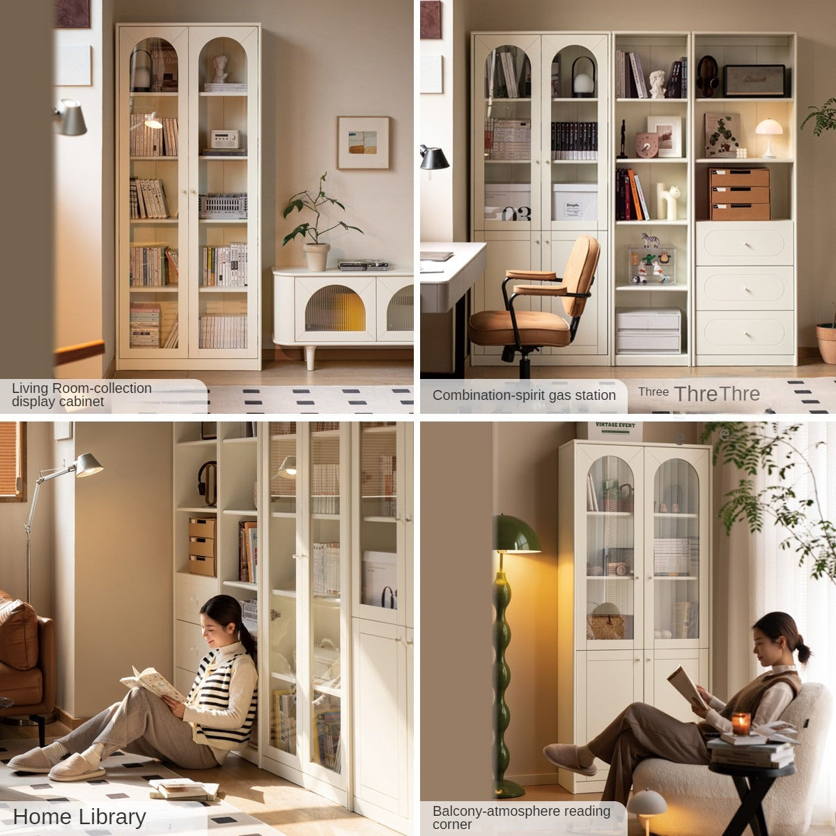 French Cream Style Poplar Solid Wood Bookcase with Glass Door - Whole Wall Combination for Living Room, Office & Library Storage