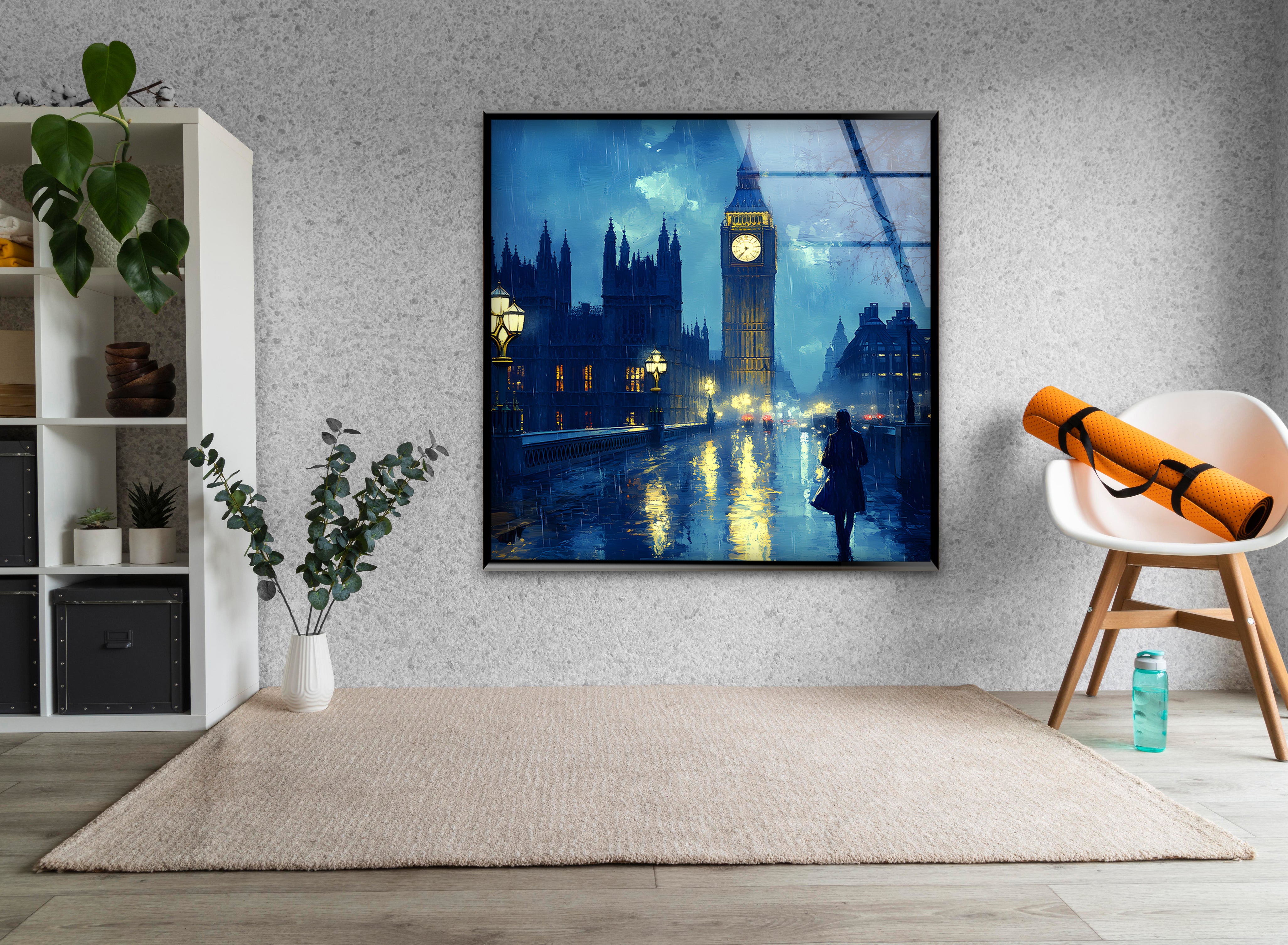 London Rainy Night Glass Wall Art - Elegant Home Decor for Living Room, Bedroom & Office - Perfect Gift for Art Lovers