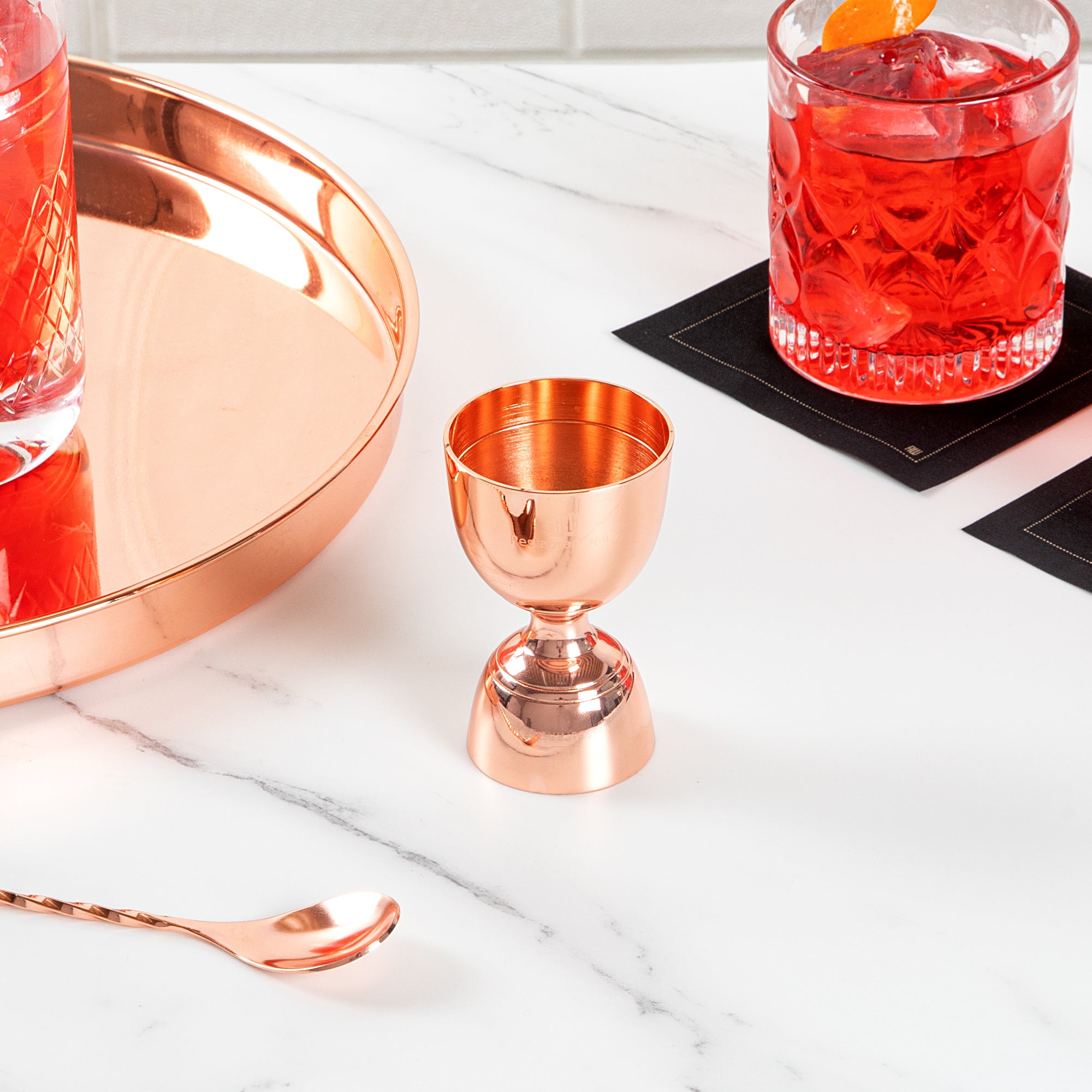 1 oz & 2 oz Copper Plated Stainless Steel Cocktail Jigger - Professional Bar Measuring Cup for Mixing Negroni, Martini, Old Fashioned - Perfect for Home Bars & Cocktail Parties (1 Count)